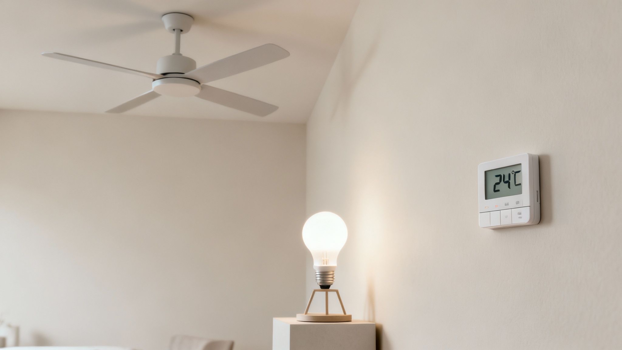 A Modern Room Featuring A White Ceiling Fan, A Glowing Light Bulb, And A Digital Thermostat Showing 24°C.
