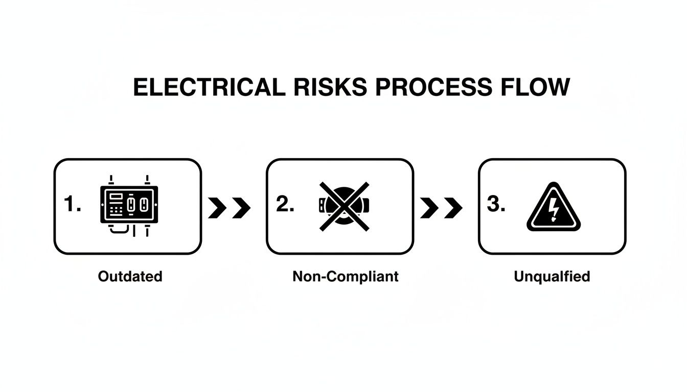 Electrical Risks Process Flow Diagram Showing Outdated Equipment, Non-Compliant Devices, And Unqualified Personnel.