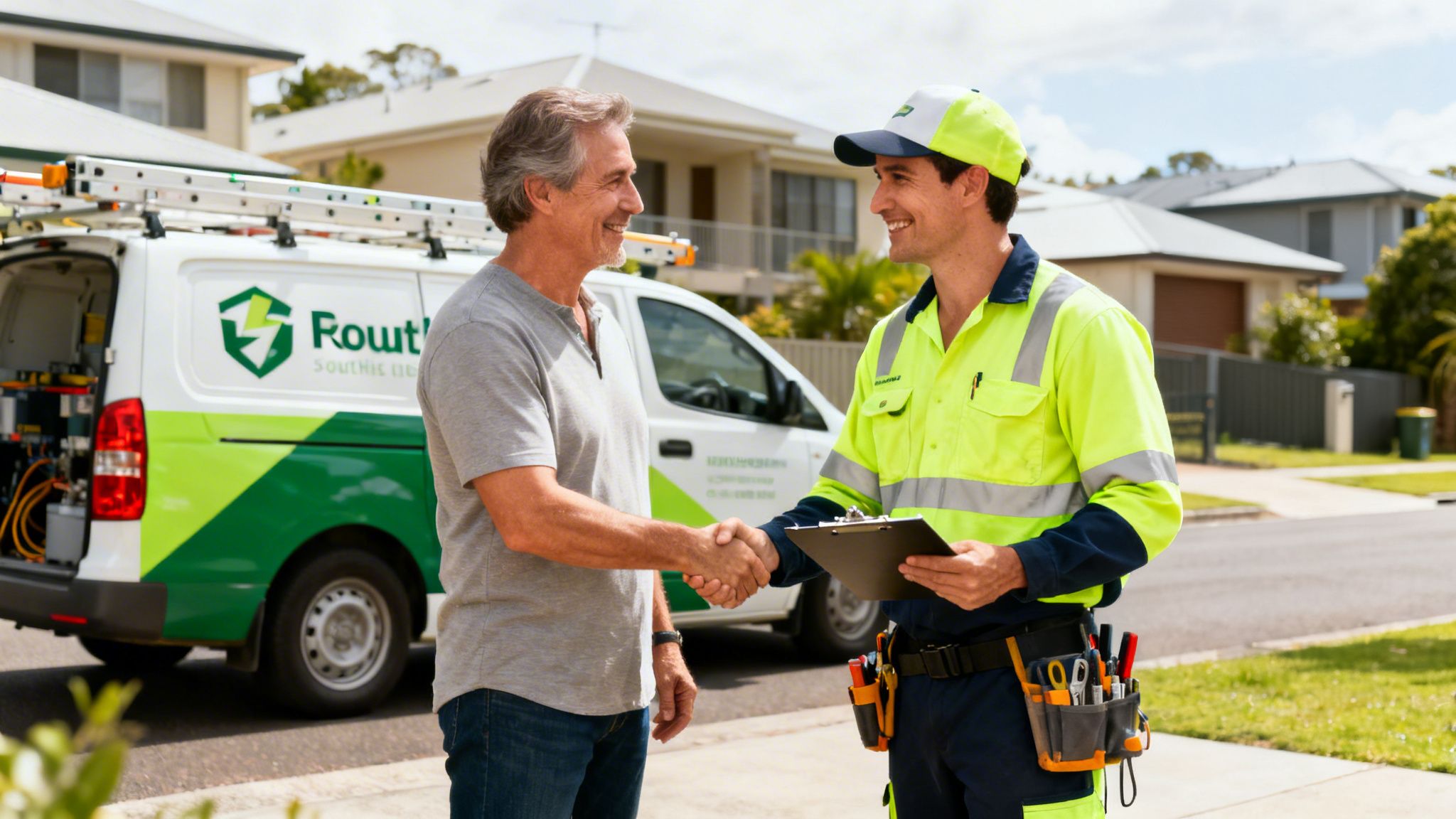 Smiling Electrician In A Hi-Vis Uniform Shaking Hands With A Satisfied Customer Outdoors.