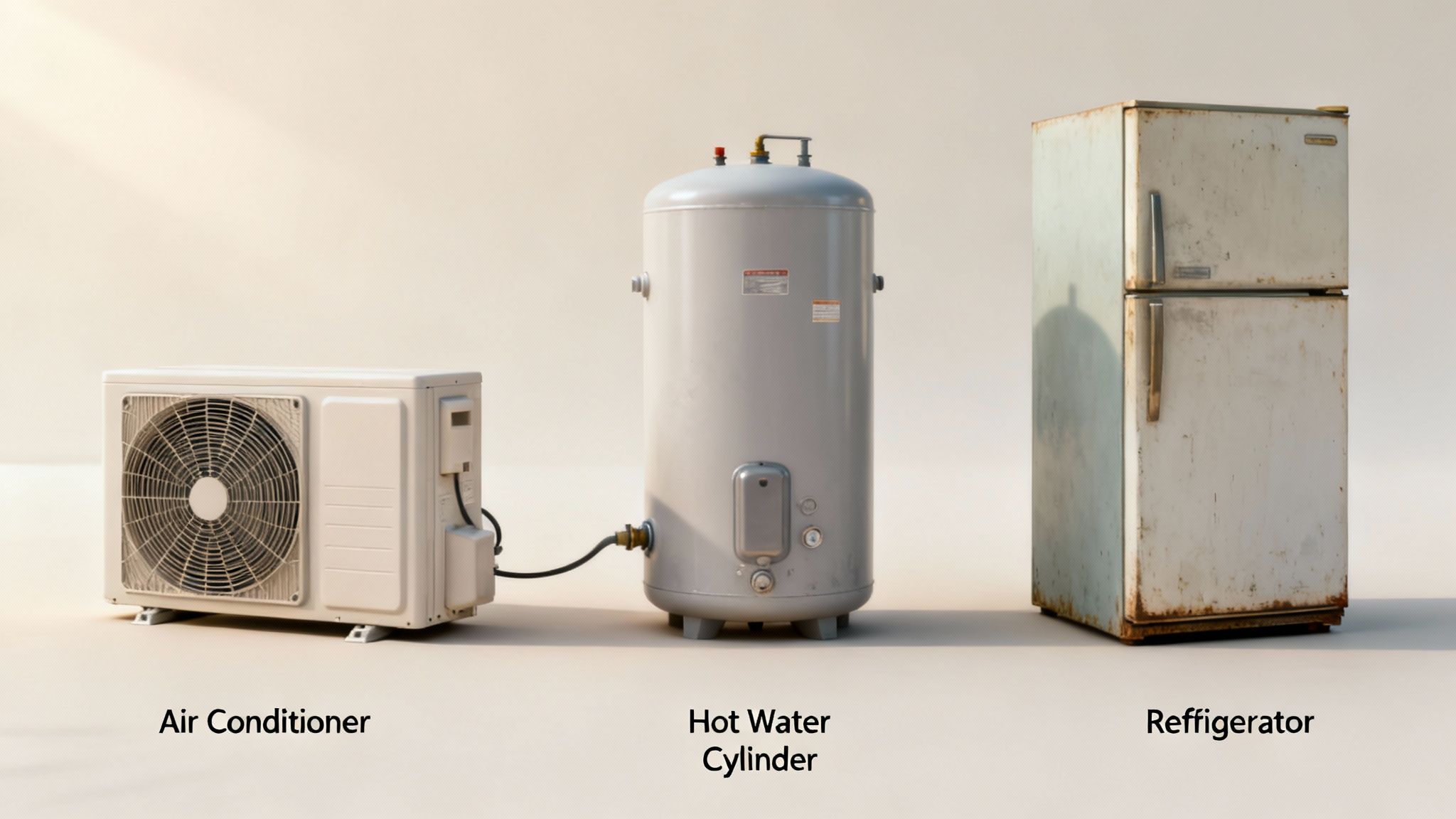 Three Major Household Appliances: An Air Conditioner, A Hot Water Cylinder, And An Old Refrigerator.