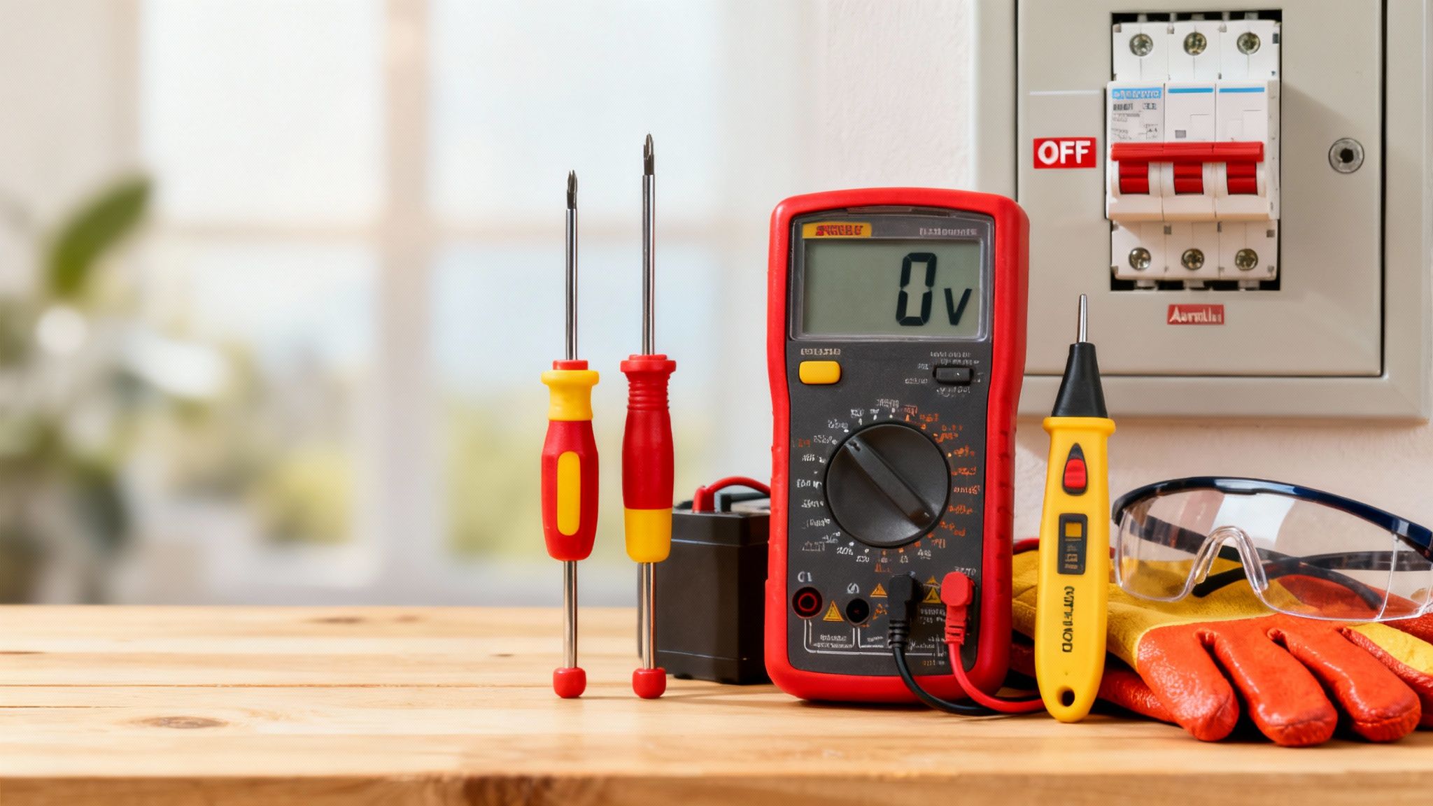 An Assortment Of Electrical Tools Including Pliers, Screwdrivers, And A Voltage Tester, Laid Out On A Wooden Surface.