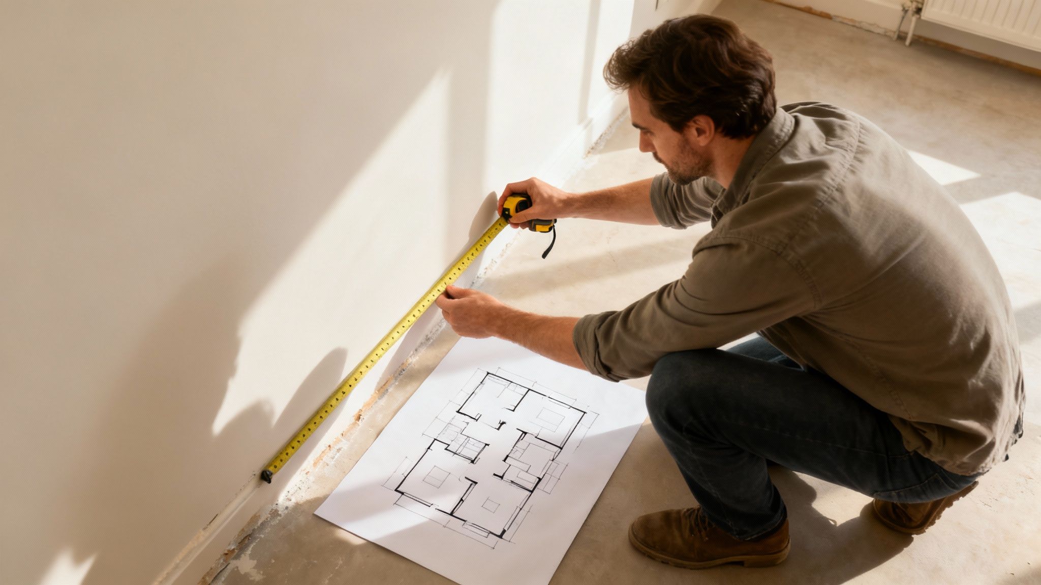 A Person Using A Tape Measure In A Living Room