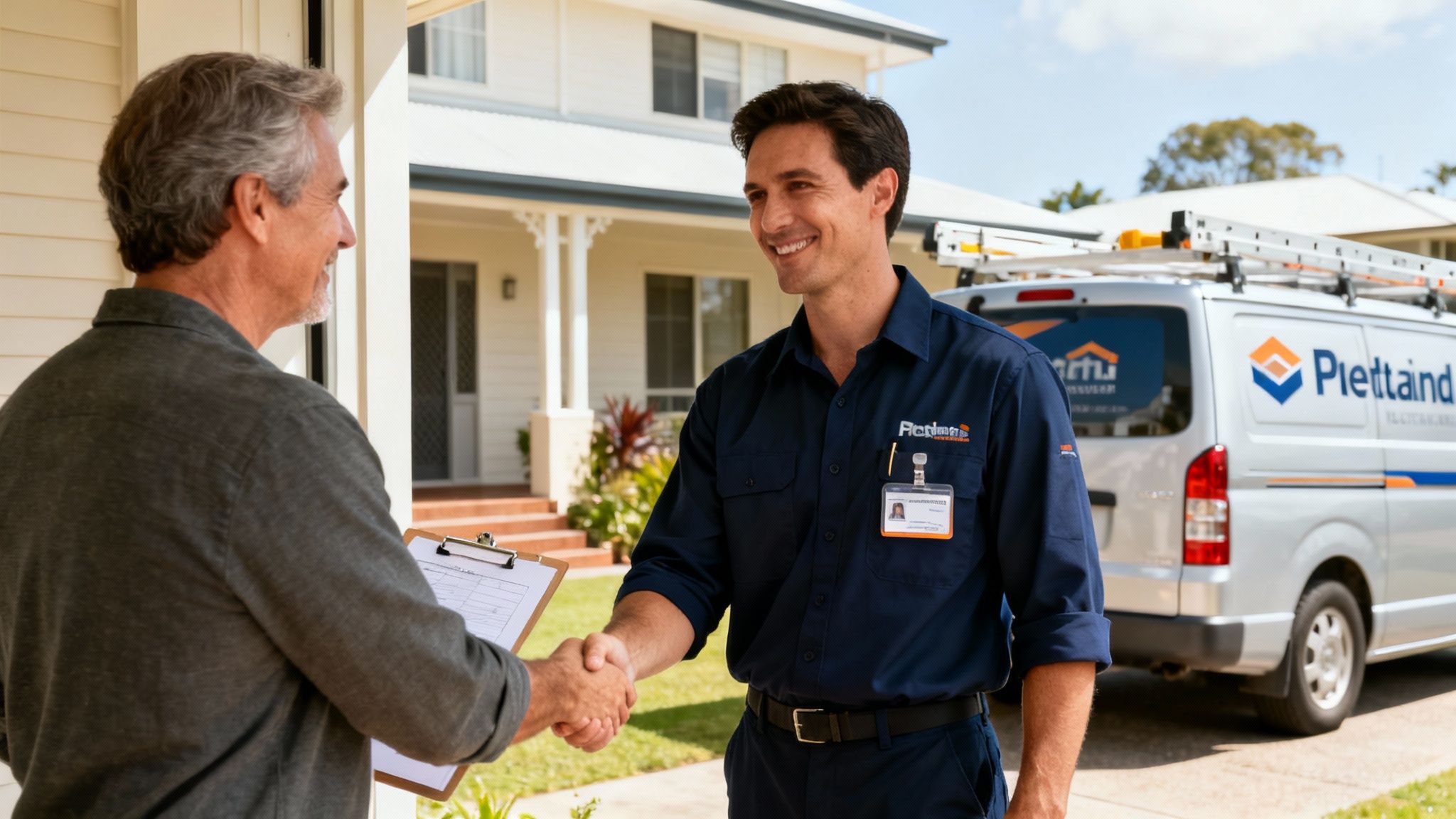 A Smiling Service Technician Shakes Hands With A Homeowner Outside A House, A Company Service Van Visible.