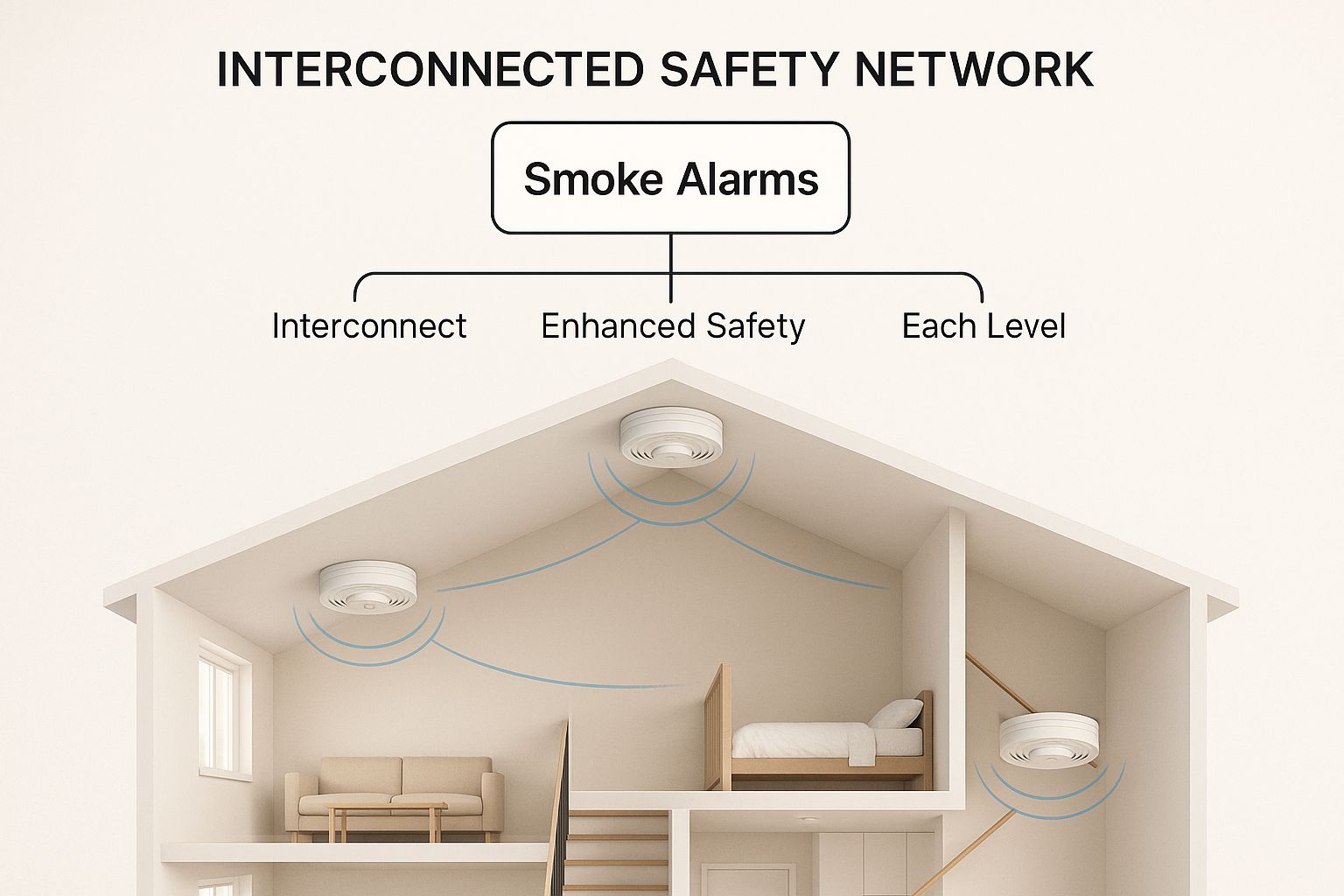 Infographic Of A Multi-Level Home With Wireless Smoke Alarms On Each Ceiling, Connected By Blue Signal Arcs, Illustrating An Interconnected Safety Network.