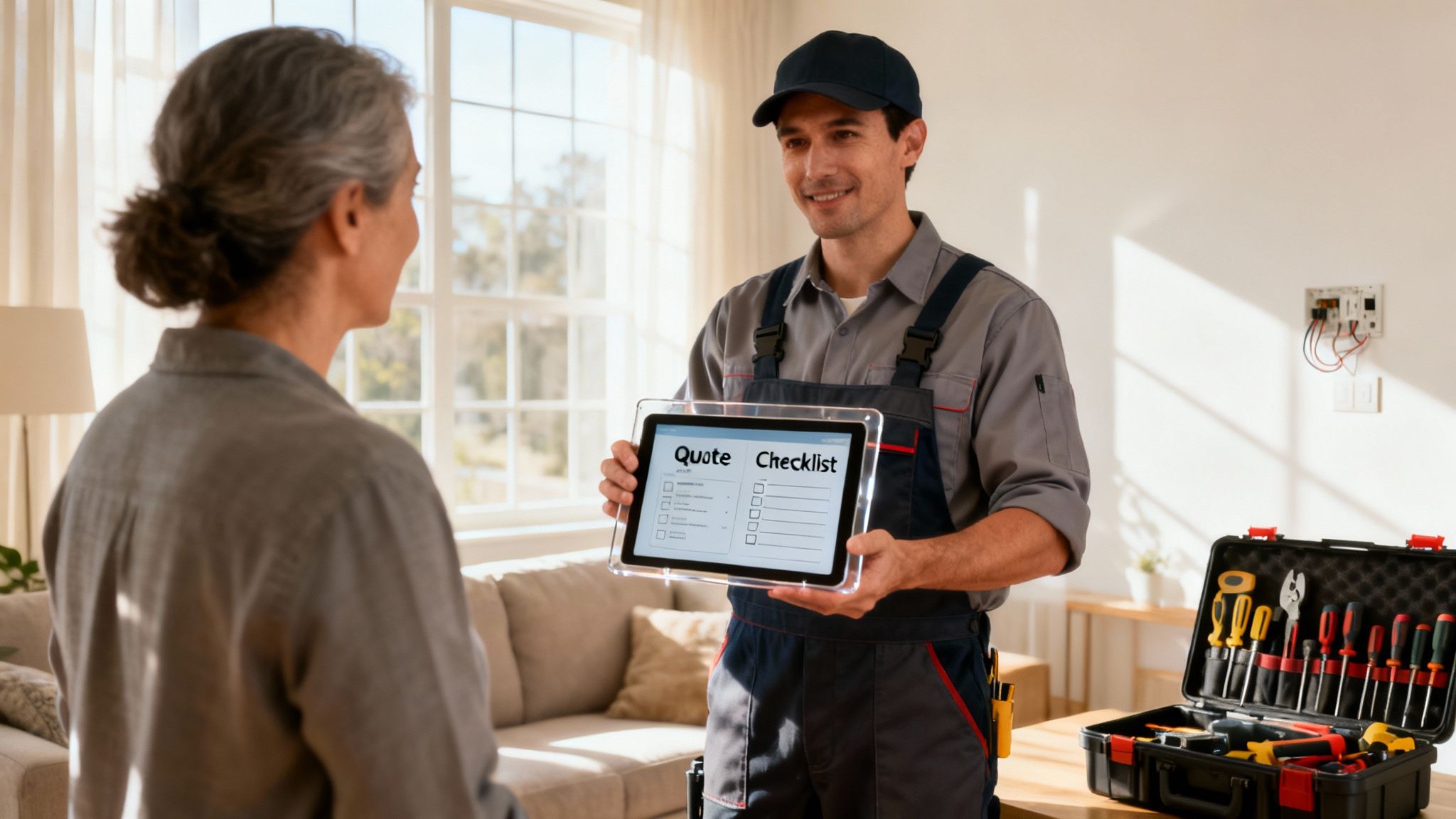 An Electrician In Work Overalls Shows A Digital Quote Checklist On A Tablet To A Female Client.