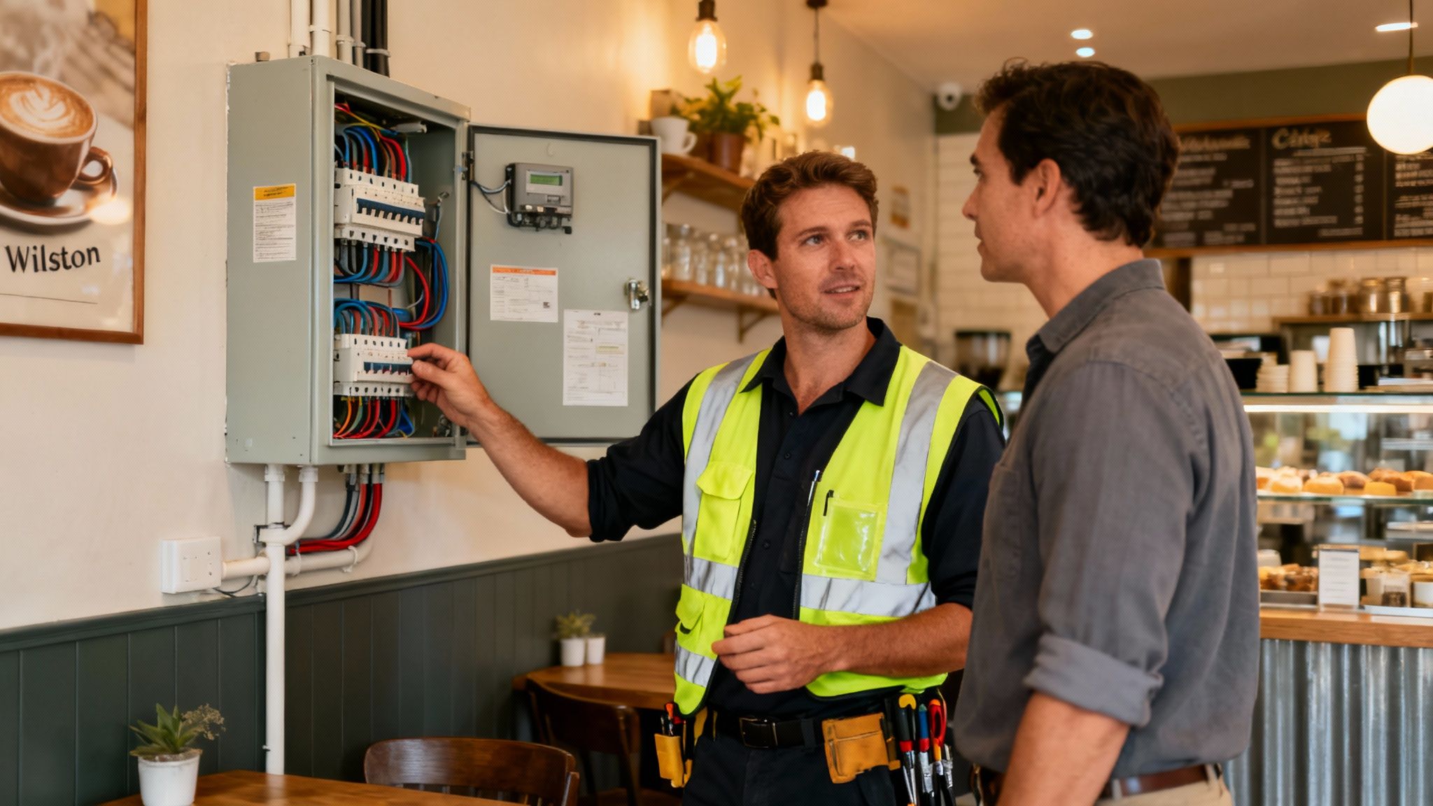 An Electrician In A Cafe Explains An Electrical Panel To A Business Owner.