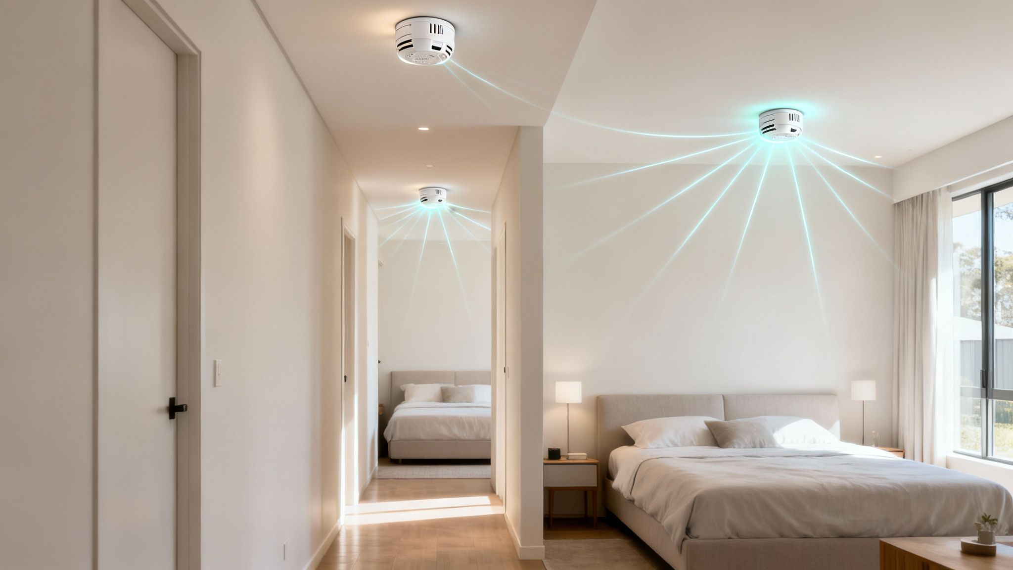 White Smart Smoke Detectors Emitting Blue Light, Installed On Ceilings In A Modern Home Hallway And Bedroom.