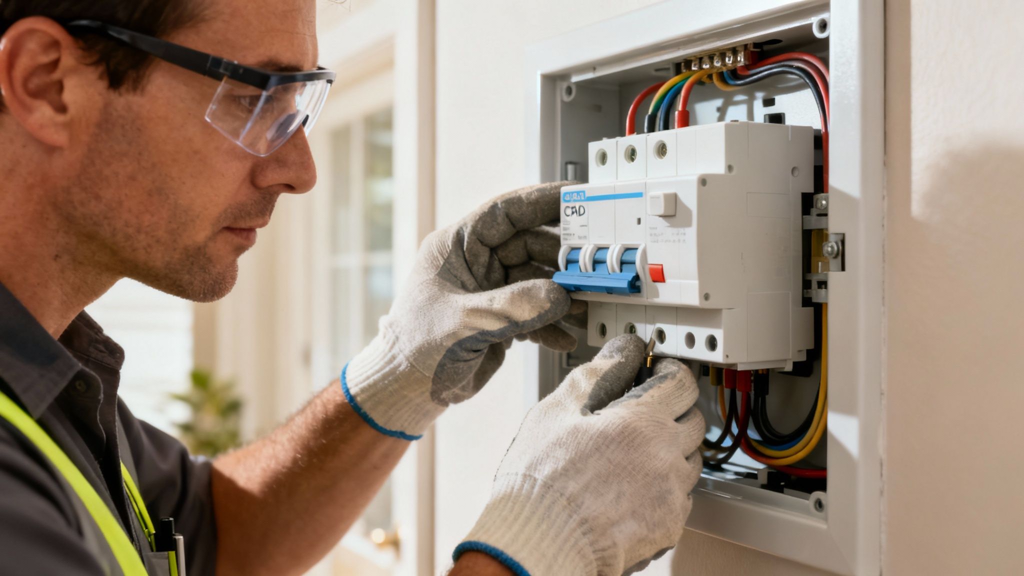 An Electrician In Safety Glasses And Gloves Works On A Circuit Breaker Box.