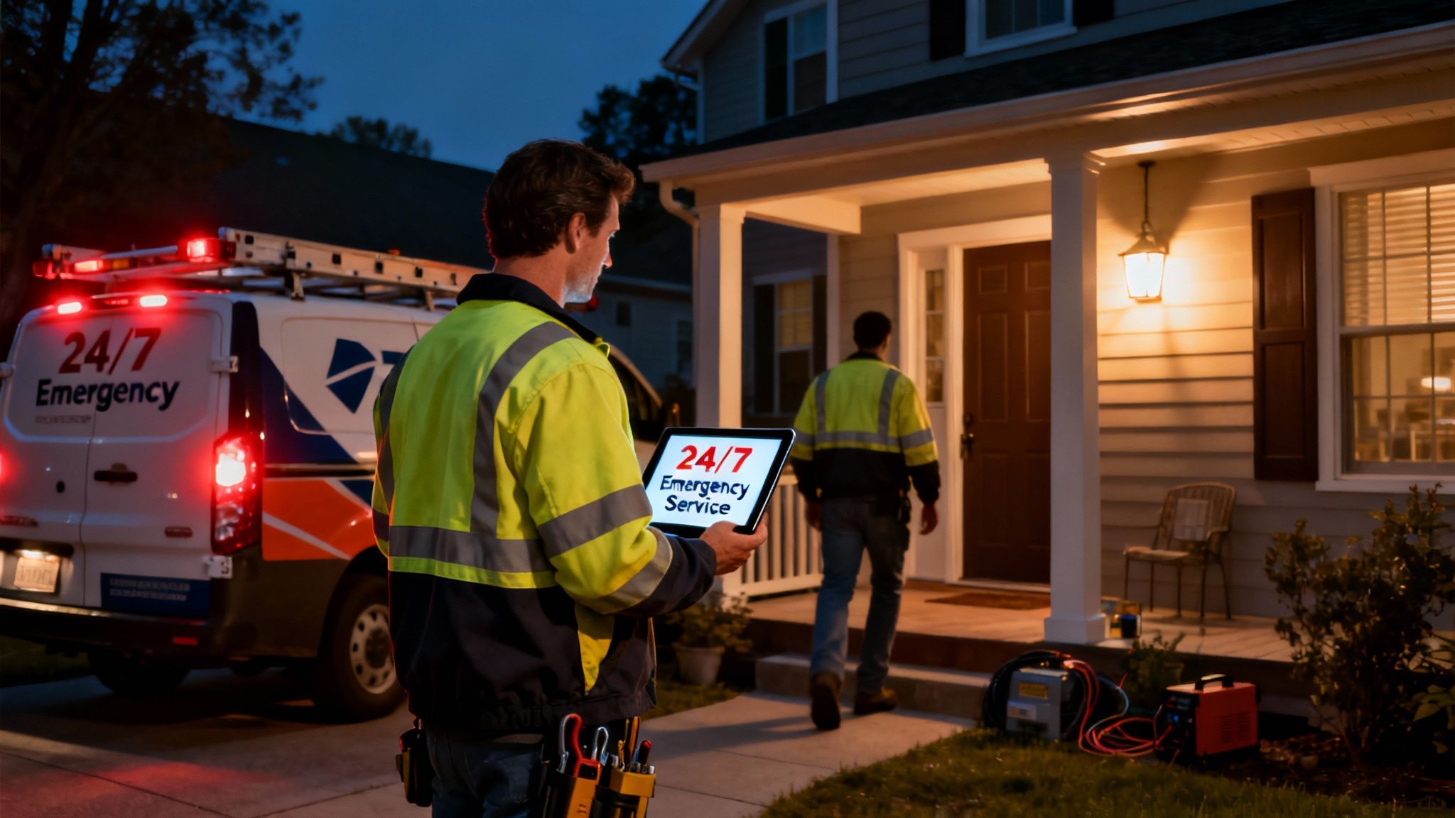 Electricians In Safety Gear Respond To An Emergency Call At A House At Night.