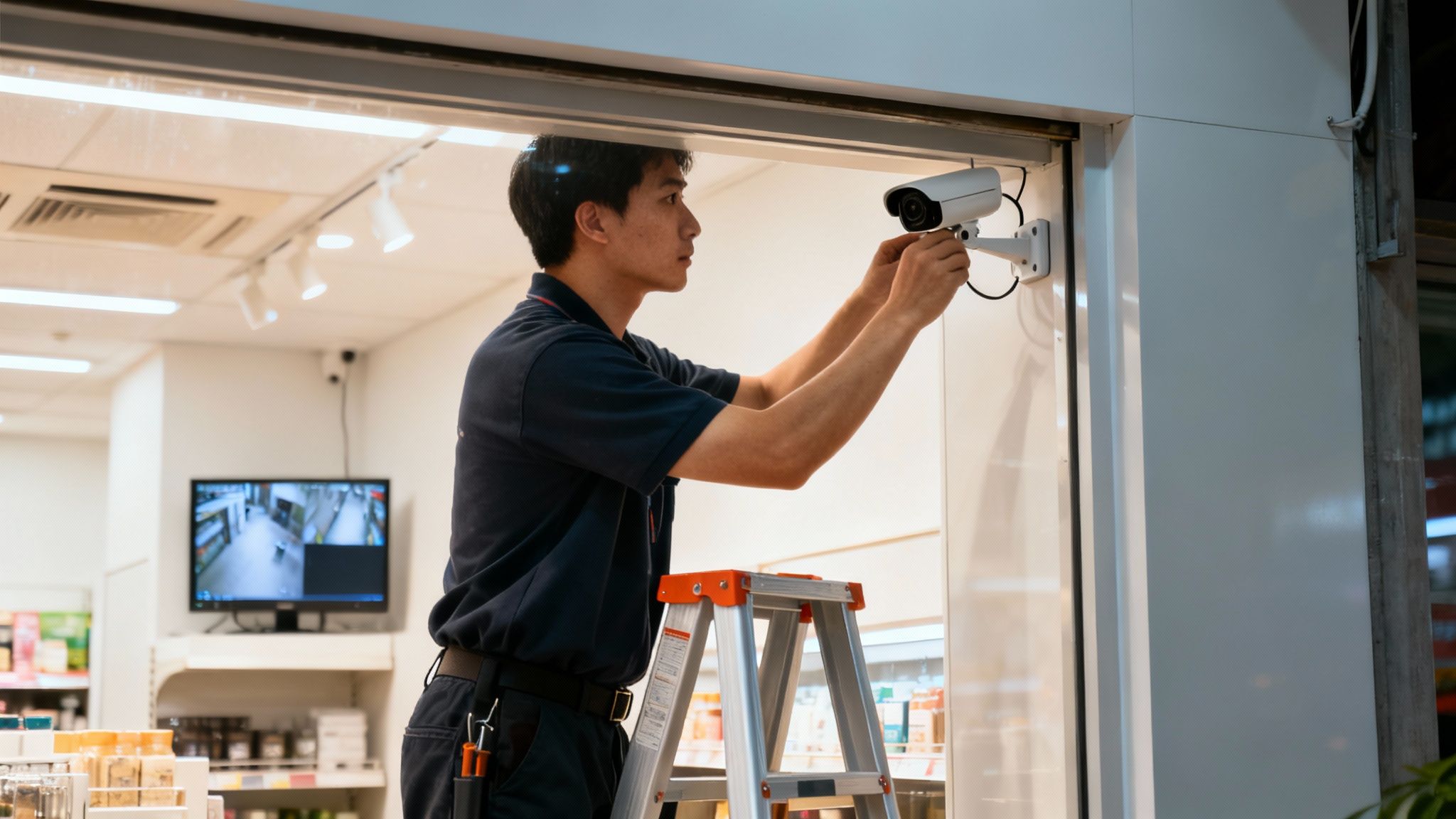 An Electrician Installs A White Security Camera On A Ladder At A Retail Store Entrance.