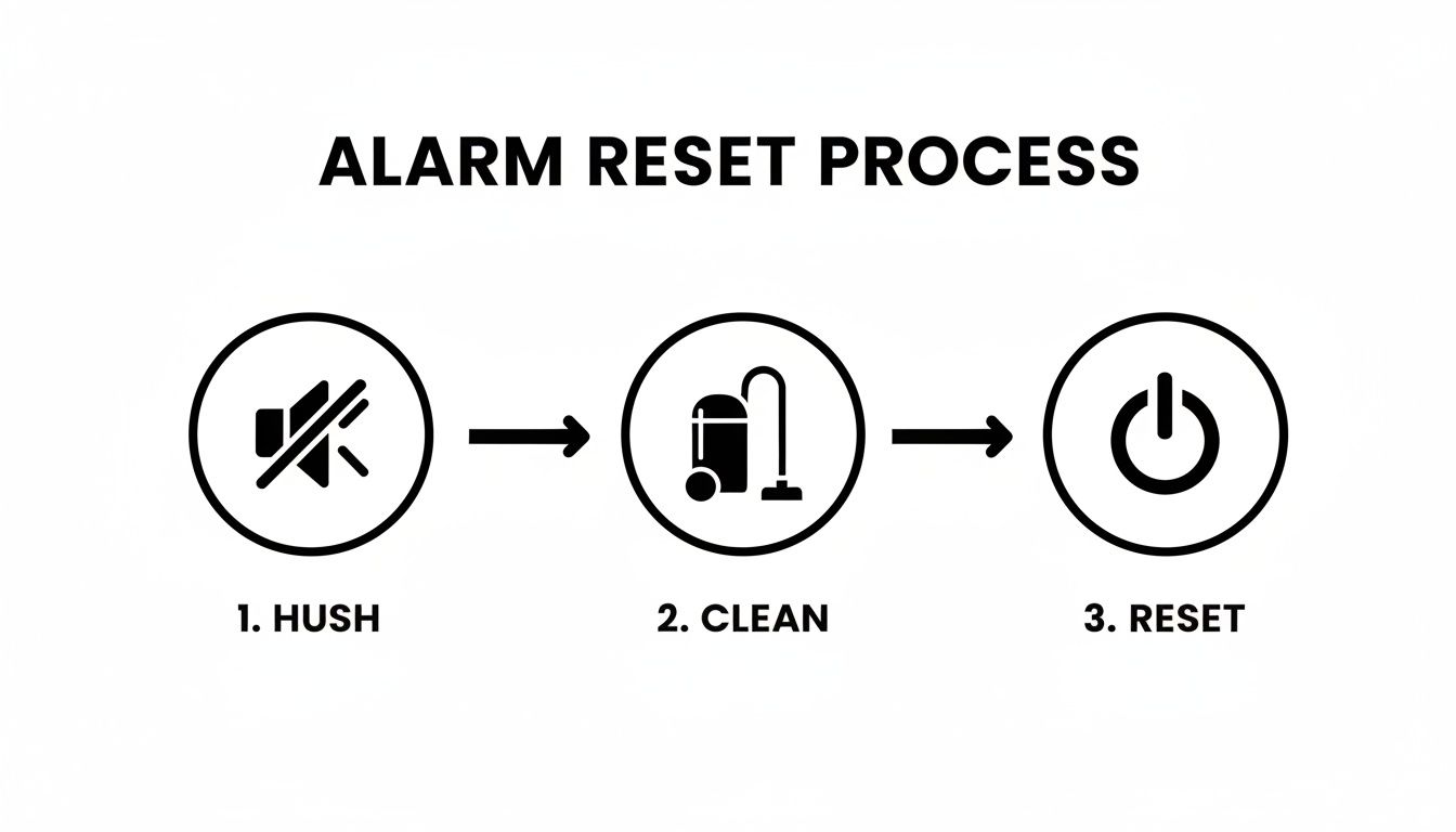 Smoke Alarms Going Off But No Smoke A Troubleshooting Guide 4 A Three-Step Diagram Showing The Alarm Reset Process: 1. Hush (Muted Speaker), 2. Clean (Vacuum), 3. Reset (Power Button).