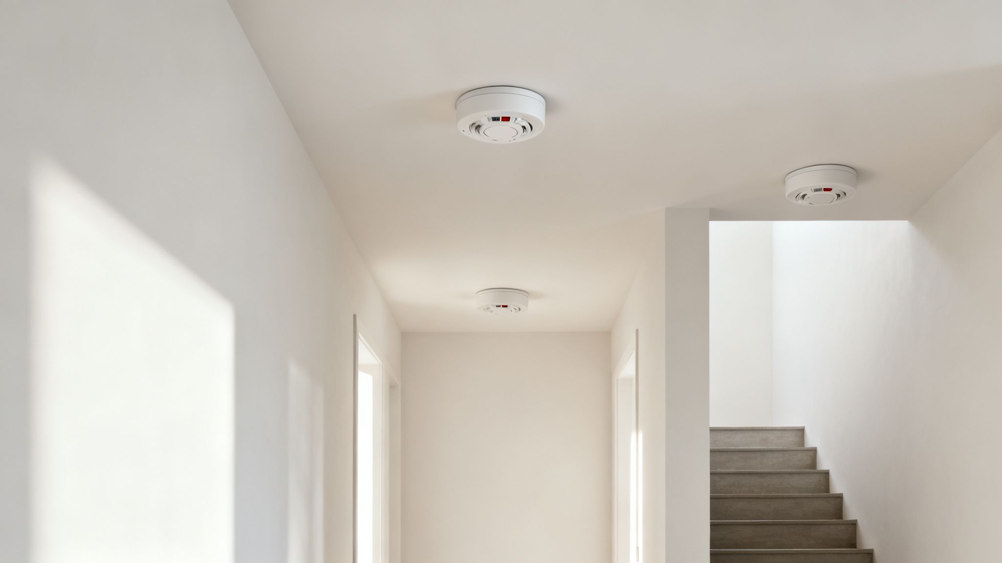 Three White Smoke Alarms Mounted On A Clean, Modern Ceiling In A Bright Hallway.