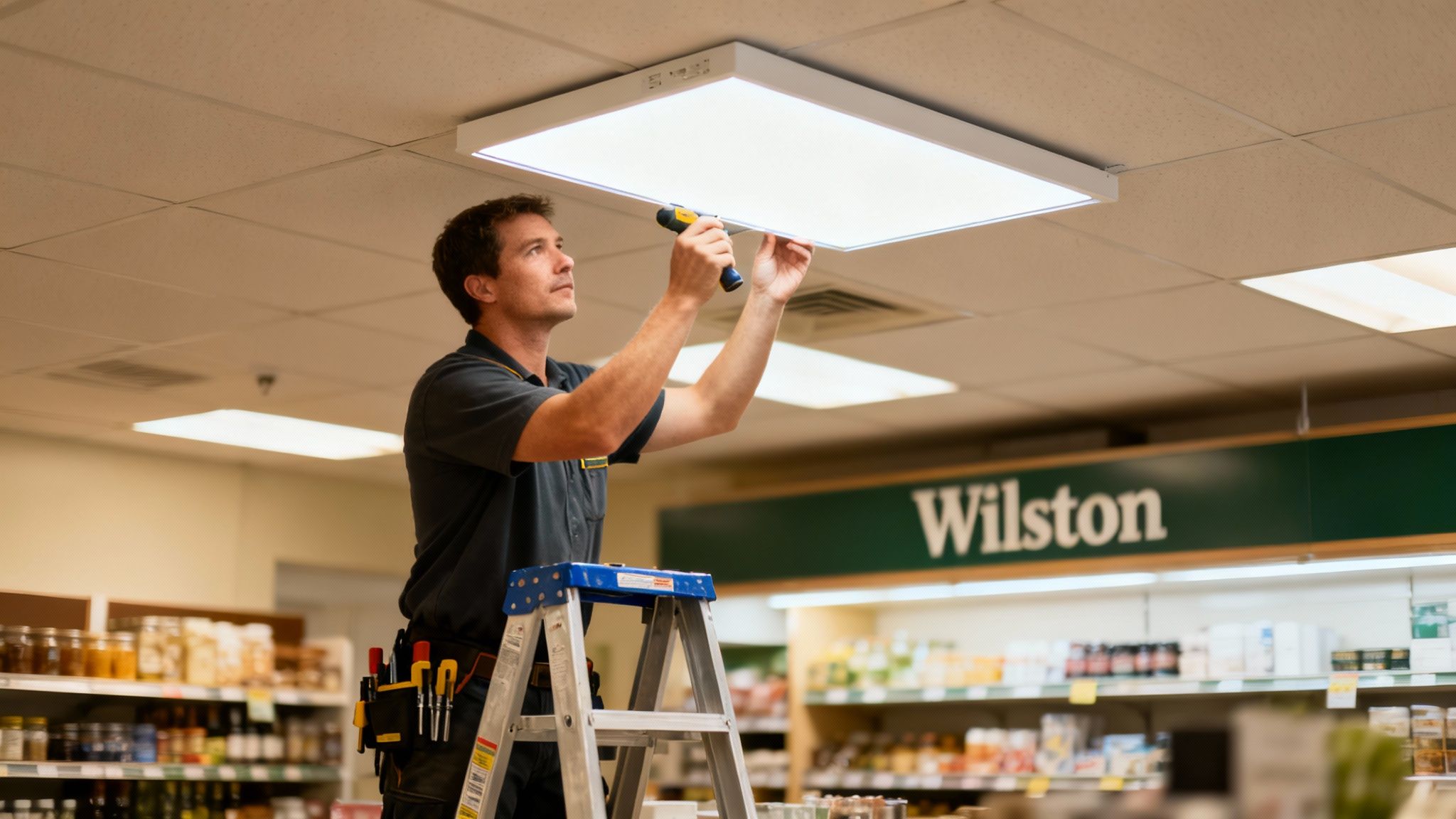 Professional Electrician Installing Led Ceiling Light Fixture In Wilston Commercial Building Interior