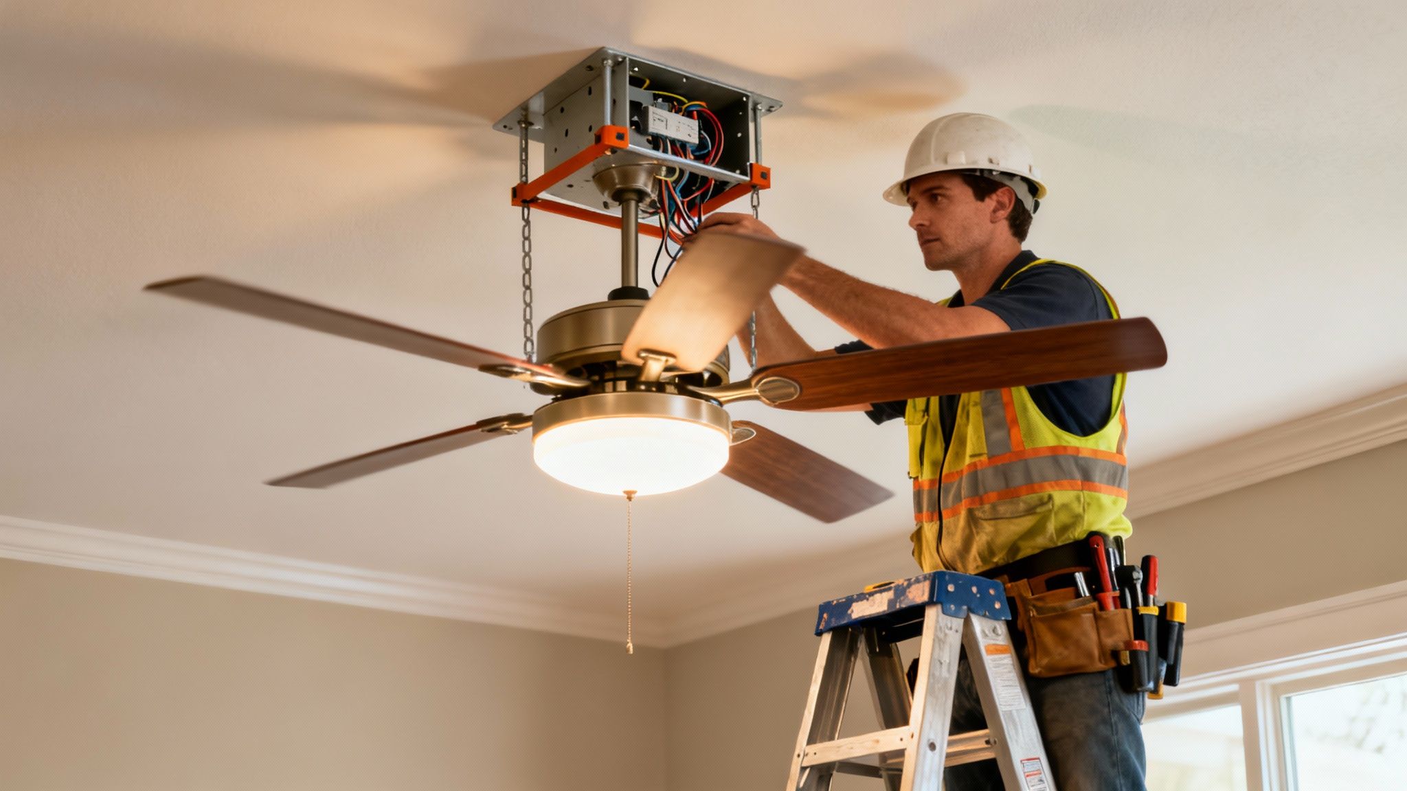 An Electrician On A Ladder Installs A Ceiling Fan With An Illuminated Light Fixture.