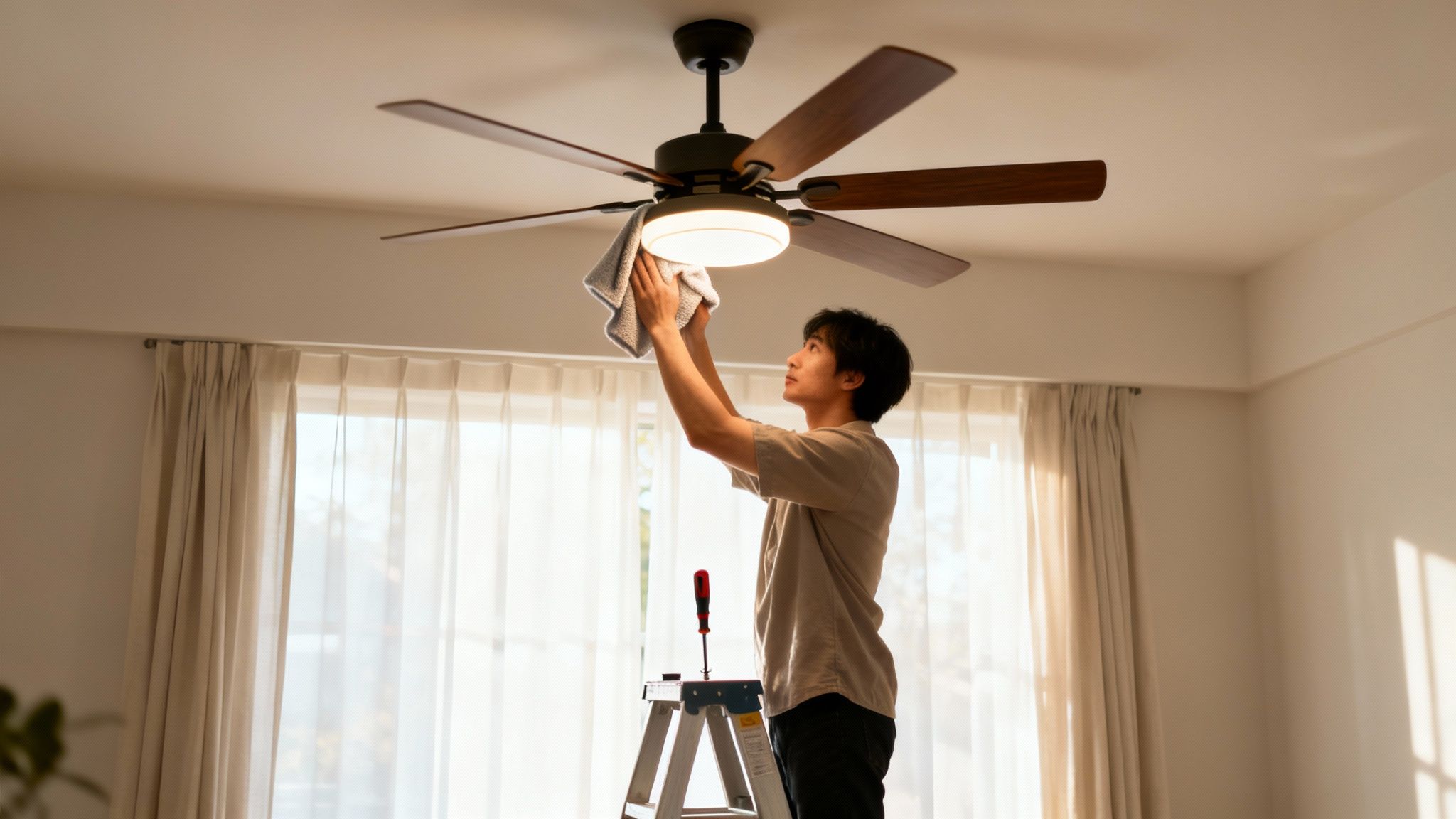 Young Man On A Step Ladder Diligently Cleaning A Ceiling Fan With A Light In A Bright Room.