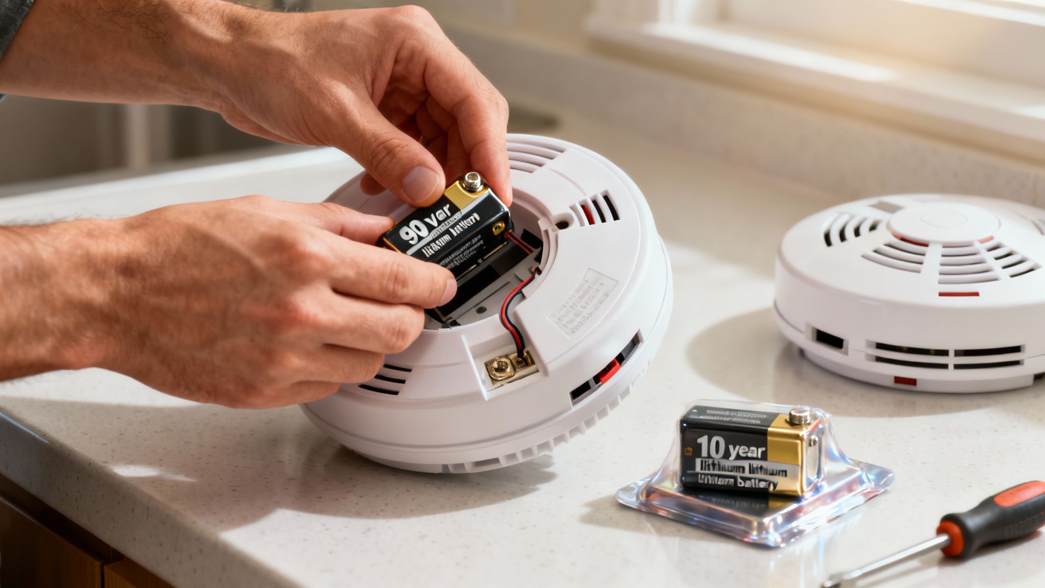 A Person'S Hands Replace A 9V Lithium Battery In A White Smoke Alarm On A Countertop.