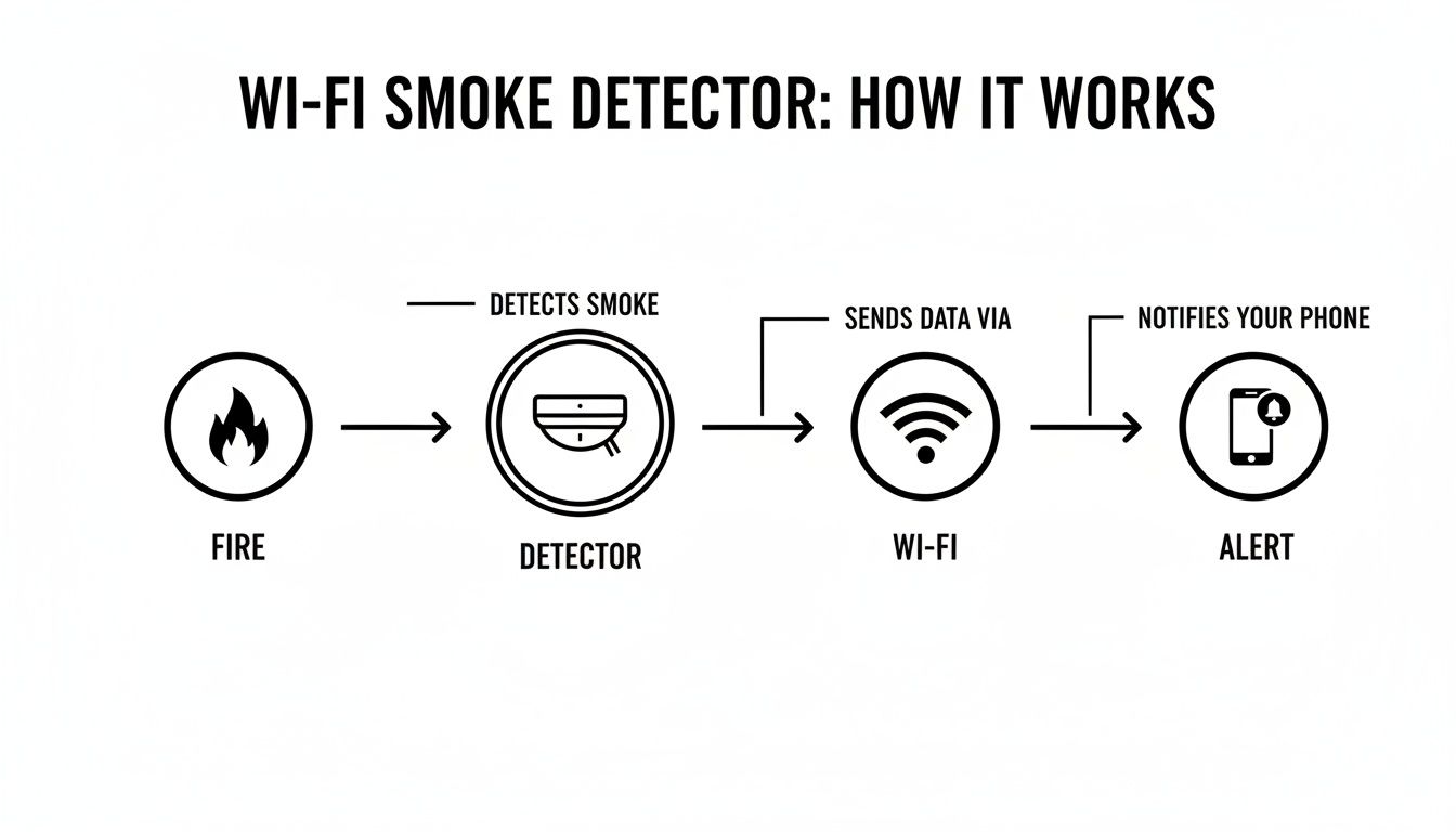 Diagram Illustrating The Workflow Of A Wi-Fi Smoke Detector, From Fire Detection To Phone Alert.