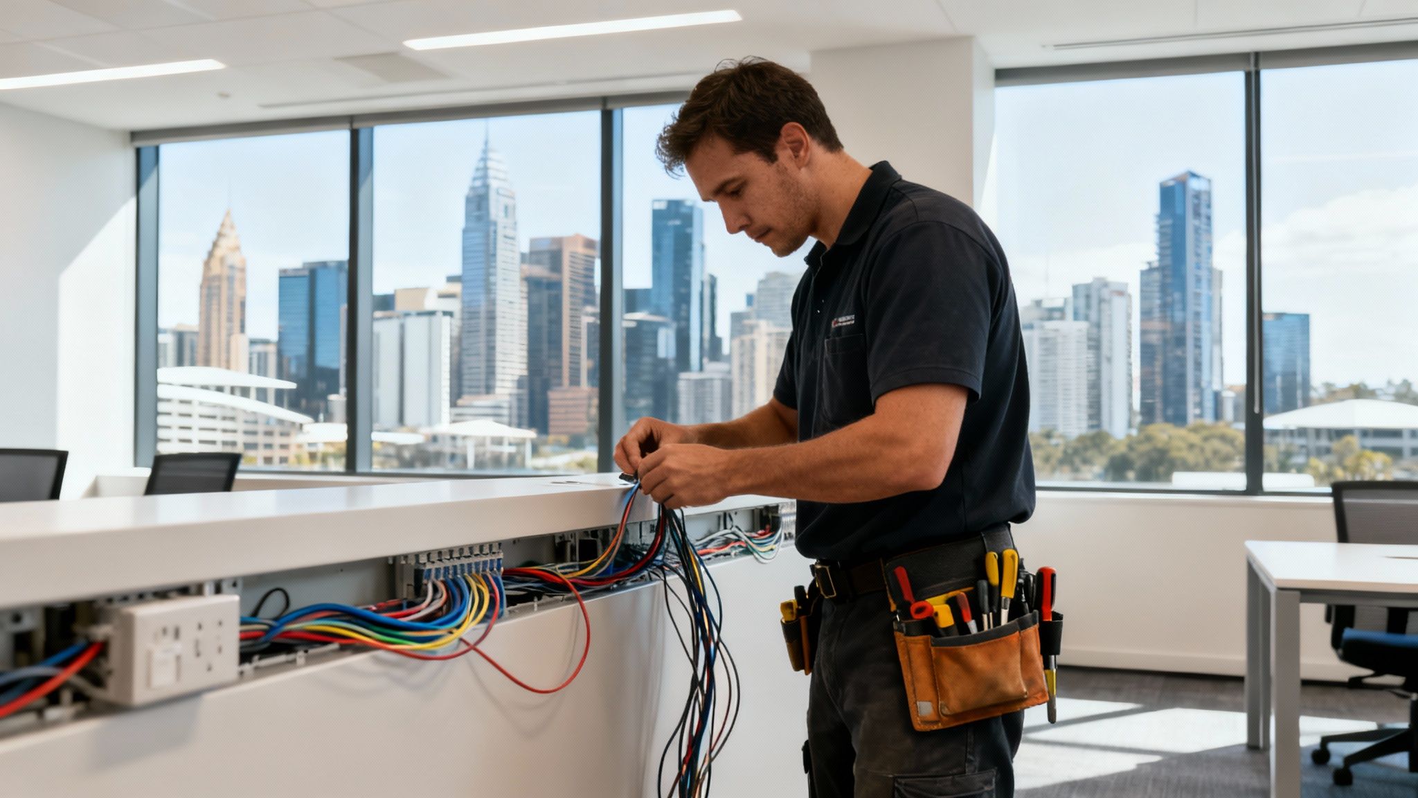 An Electrician Working On A Commercial Electrical Panel In Brisbane.