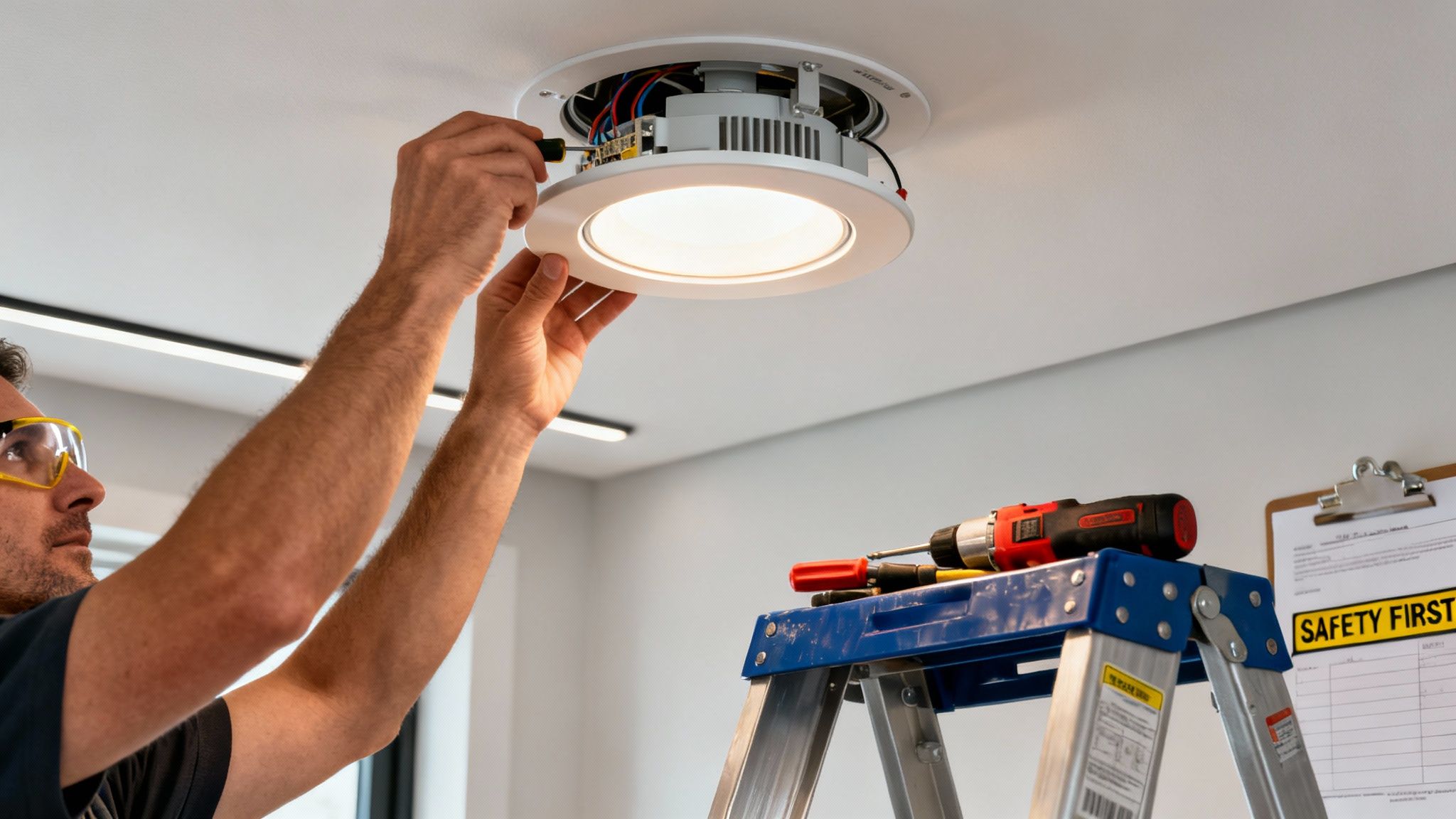 An Electrician Installs A Fire-Rated Downlight Into A Ceiling, Wearing Safety Goggles.