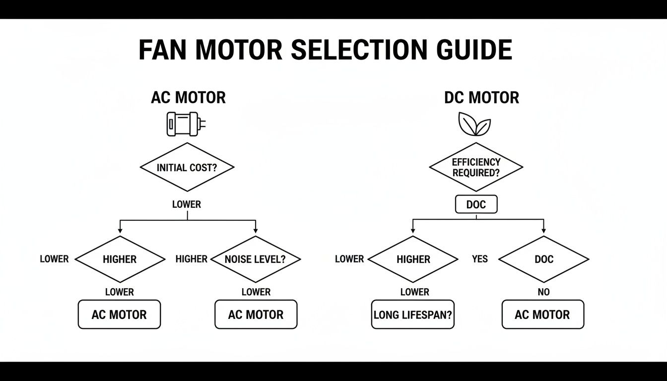 Flowchart Comparing Ac And Dc Fan Motor Selection Based On Cost, Noise, Efficiency, And Lifespan Criteria.