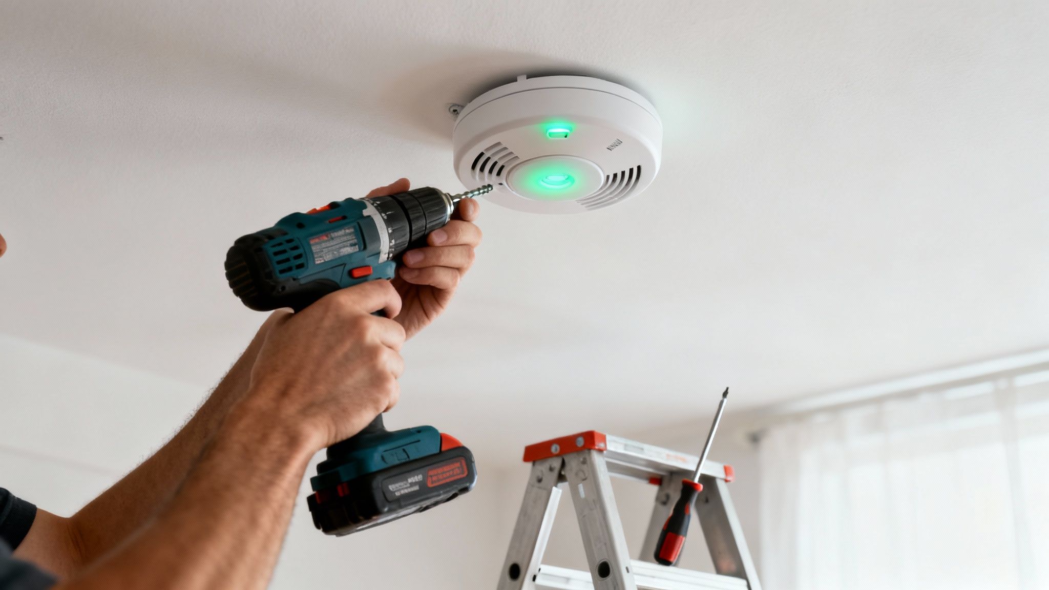 A Person On A Stepladder Installing A Wireless Smoke Alarm On A White Ceiling.
