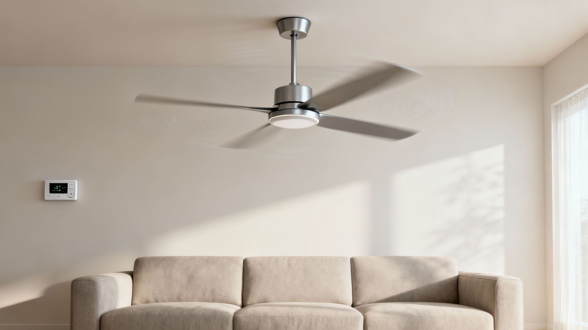 A Stylish Modern Ceiling Fan With Wooden Blades In A Well-Decorated Living Room.