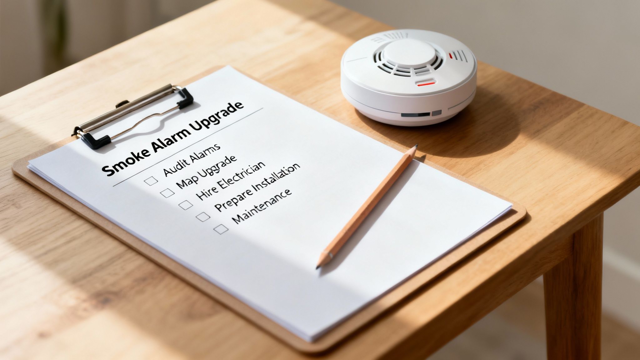 A Checklist For Smoke Alarm Upgrade With A Smoke Detector And Pencil On A Wooden Table.