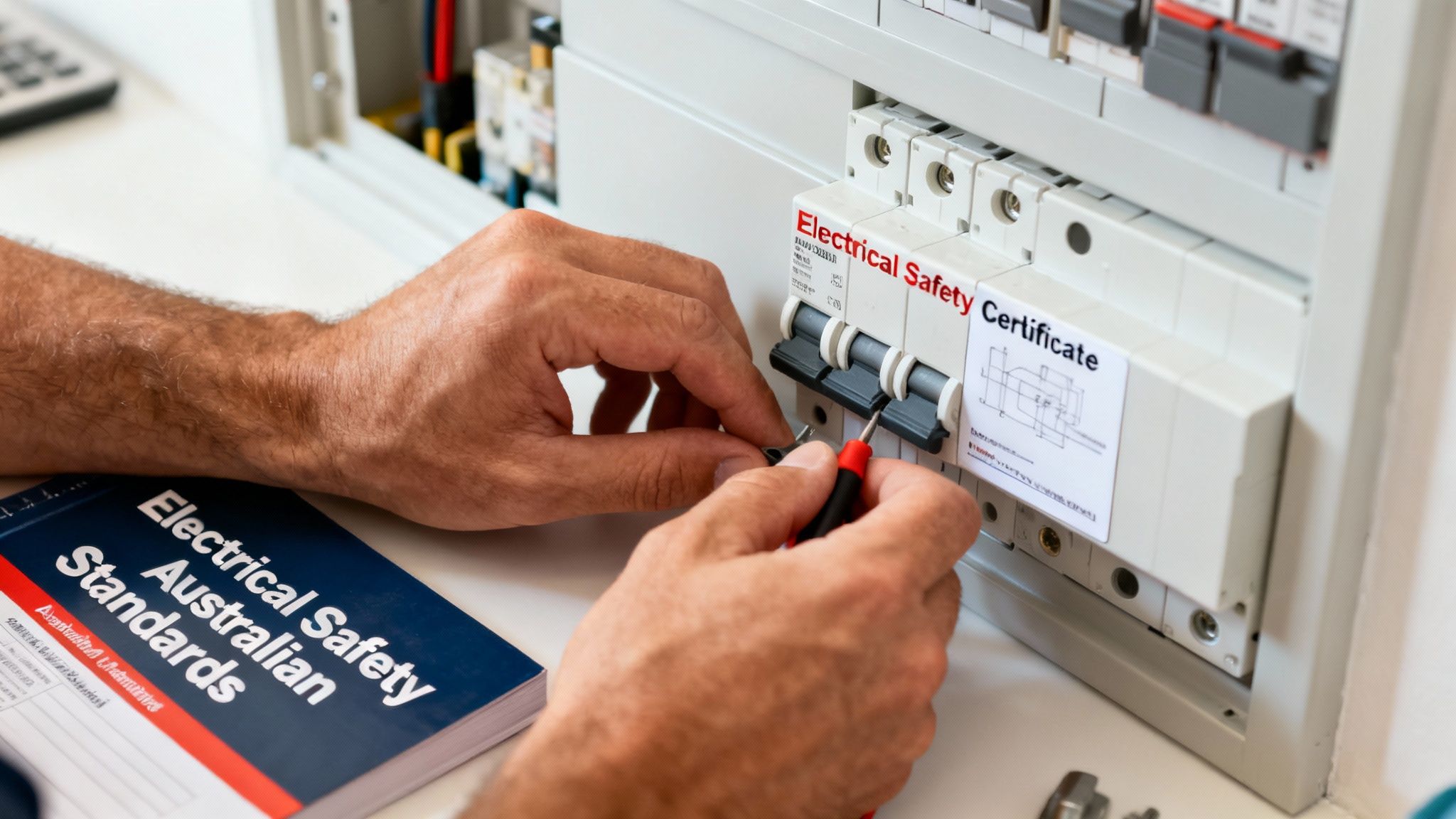 An Electrician Is Working On A Circuit Breaker Panel With A Screwdriver, Adhering To Safety Standards.