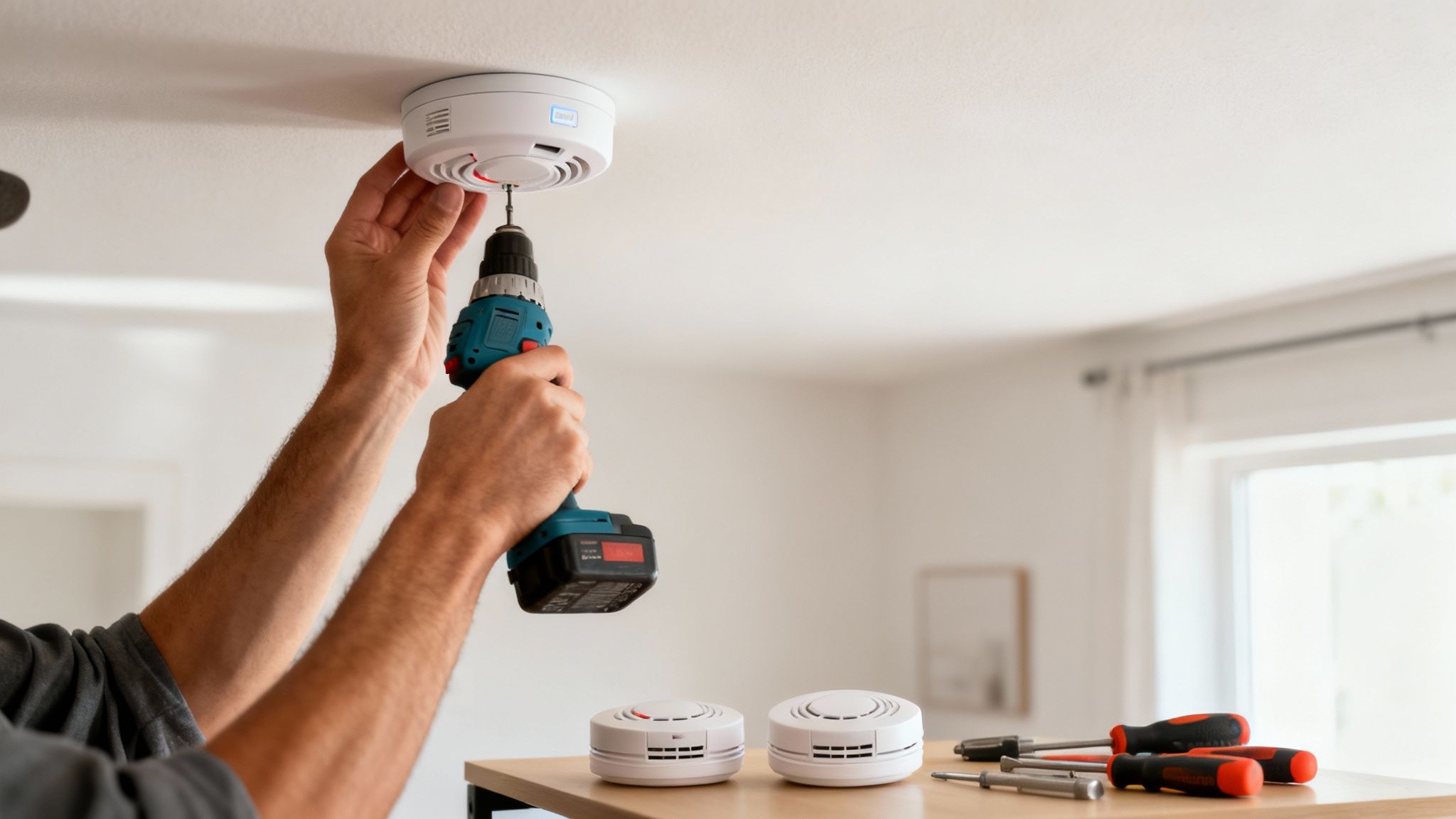 A Person Installing A Wireless Interconnected Fire Alarm On A White Ceiling.