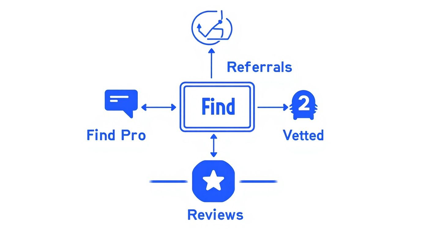 Diagram Illustrating How 'Find' Connects To 'Find Pro', 'Referrals', 'Vetted', And 'Reviews' In A Service Process.