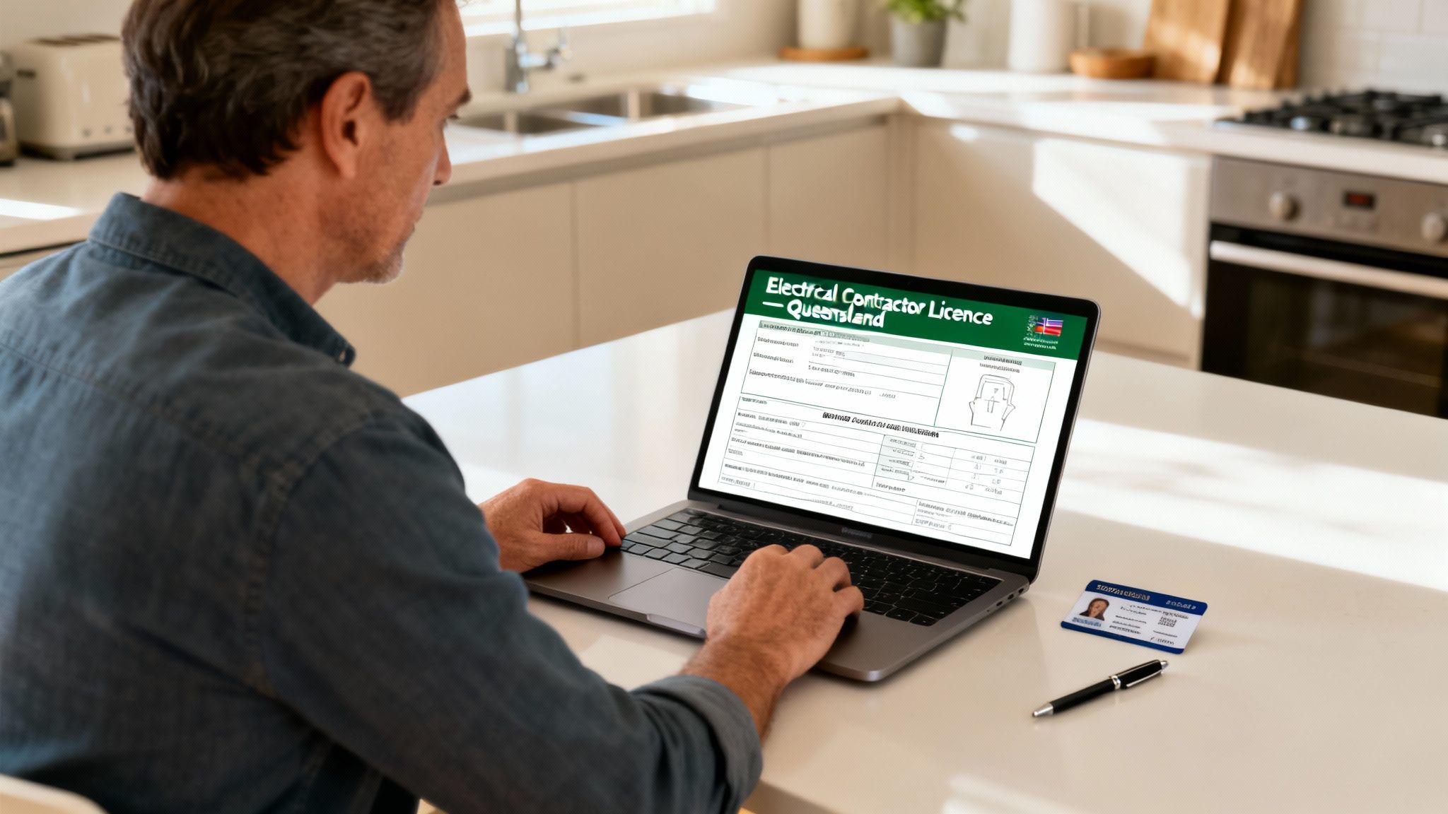 Man Reviews An Electrical Contractor Licence On A Laptop At Home, Queensland.