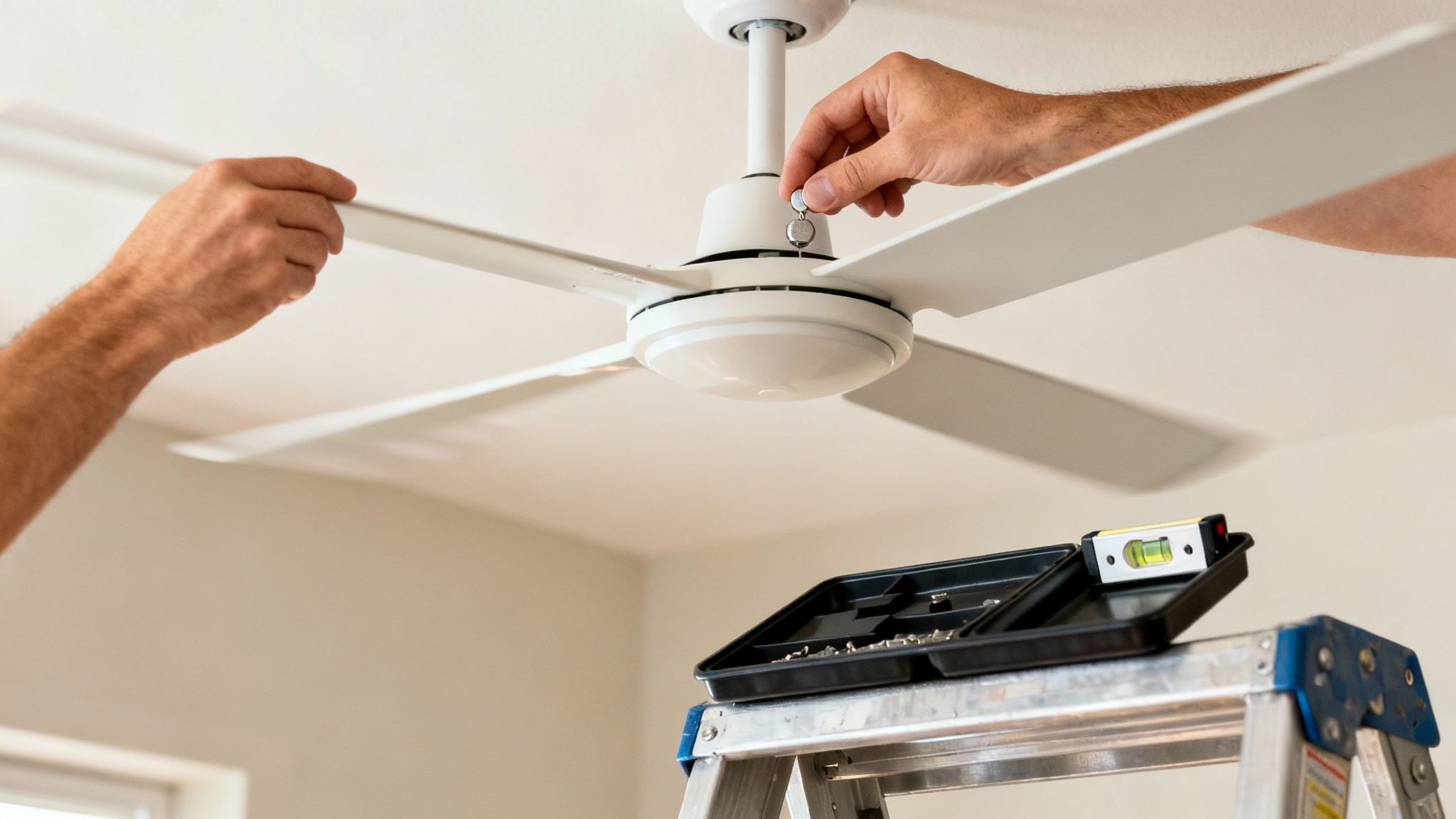 Two Hands Installing A White Ceiling Fan With A Light, Tools On A Ladder Nearby.