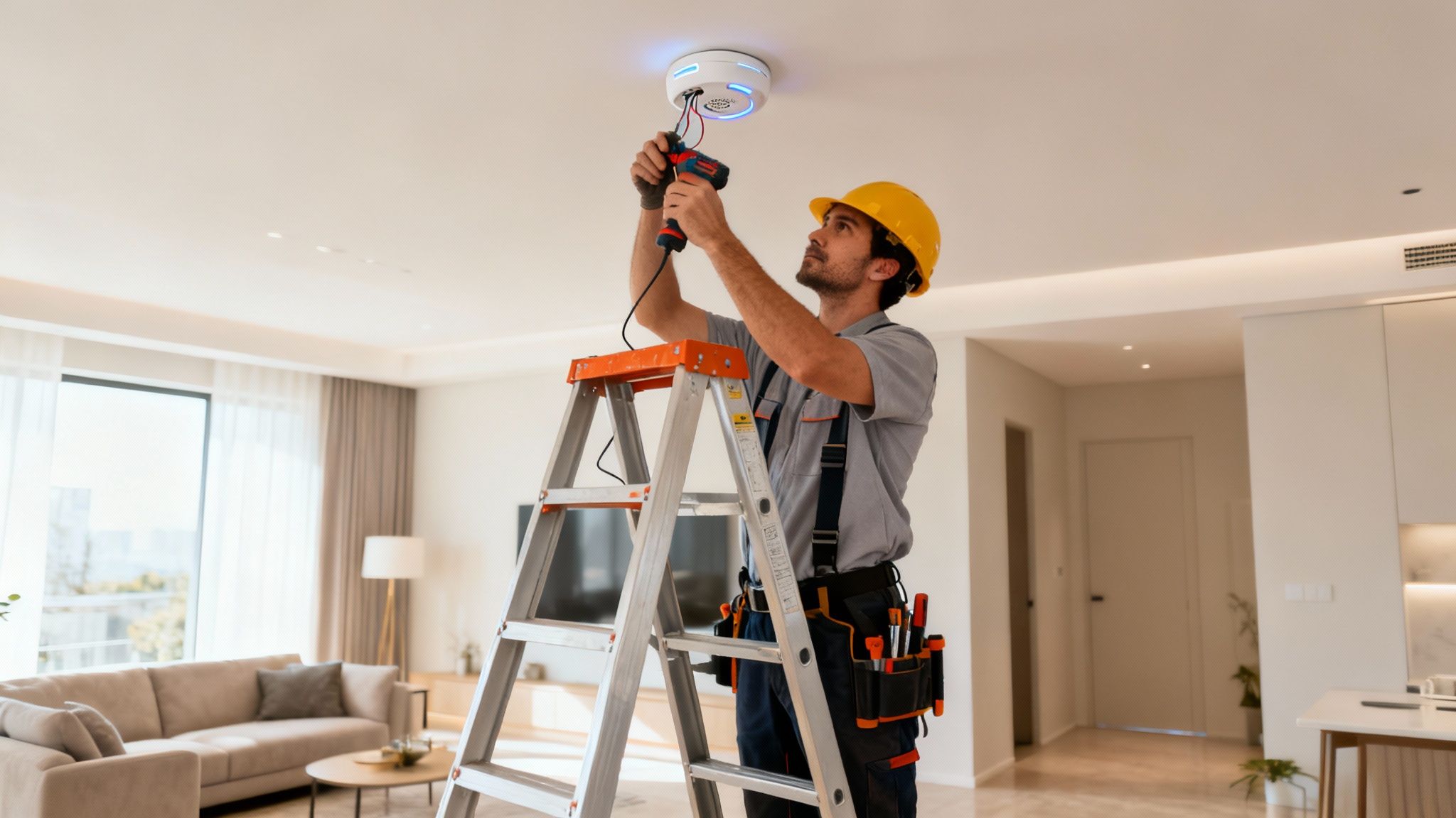 Man In A Hard Hat On A Ladder Installing A White Smart Smoke Detector On The Ceiling.