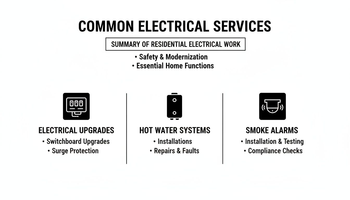 An Infographic Detailing Common Residential Electrical Services, Including Upgrades, Hot Water Systems, And Smoke Alarms.