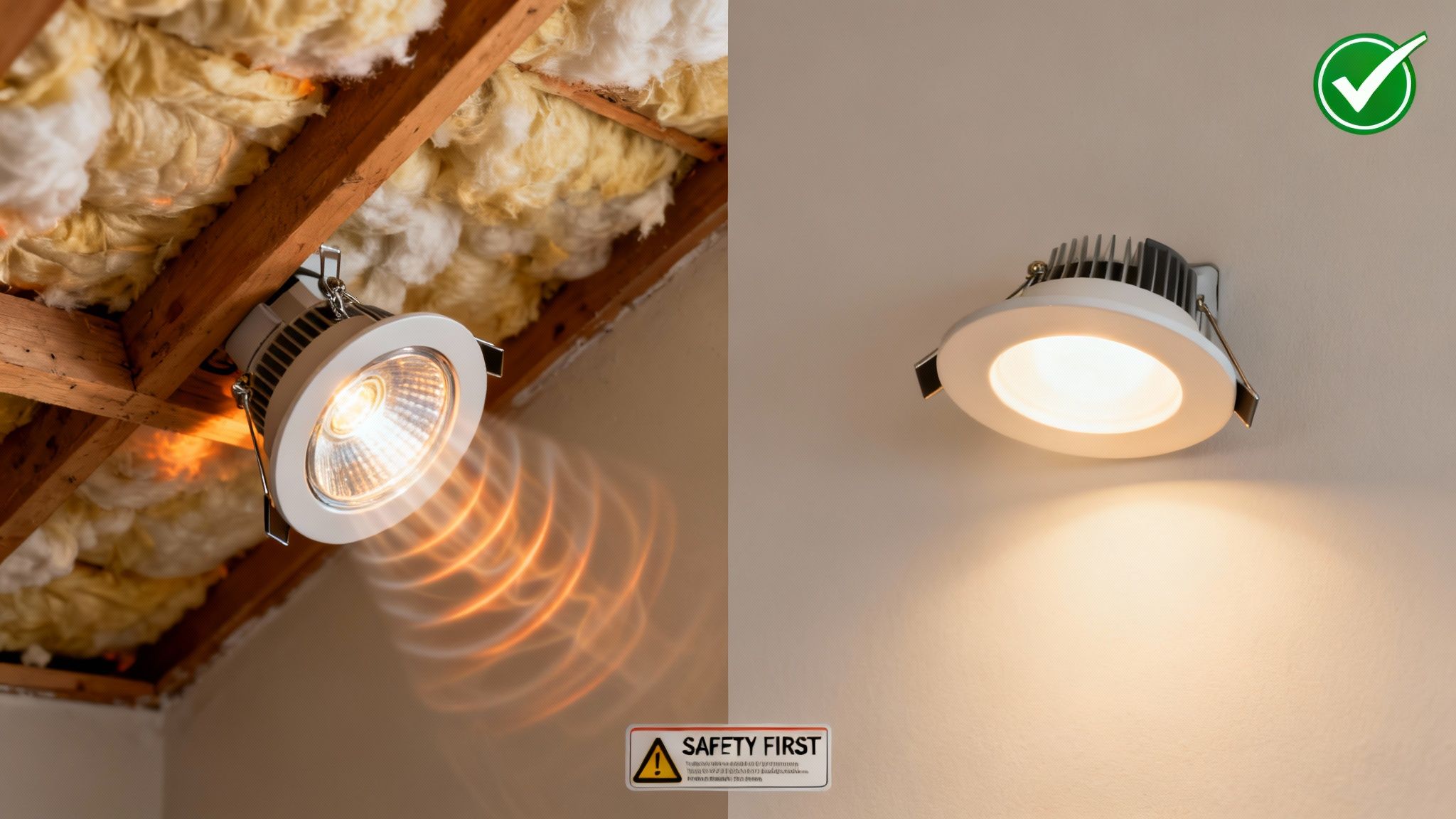 Halogen Vs Led Lights Which Is The Smarter Choice 4 Dangerous Halogen Light Heating Insulation Contrasted With Safe, Cool Led Recessed Lighting.