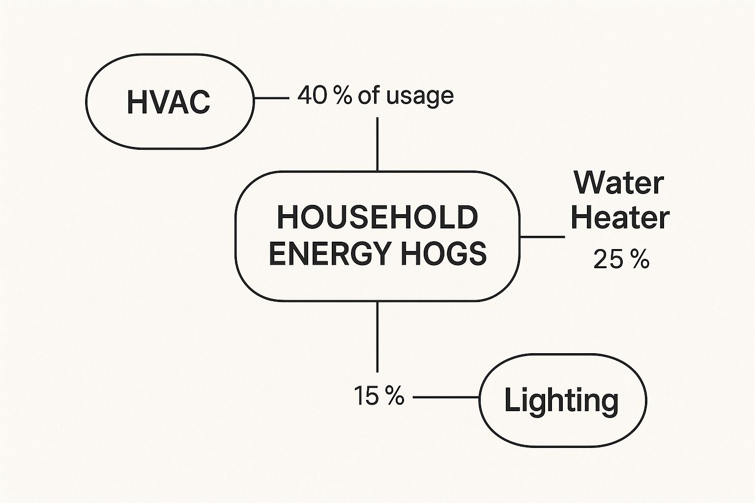 Why Is My Power Bill So High? Find Out Now! 2 Infographic Showing The Top Household Energy Consumers With Hvac At 40%, Water Heater At 25%, And Lighting At 15%.
