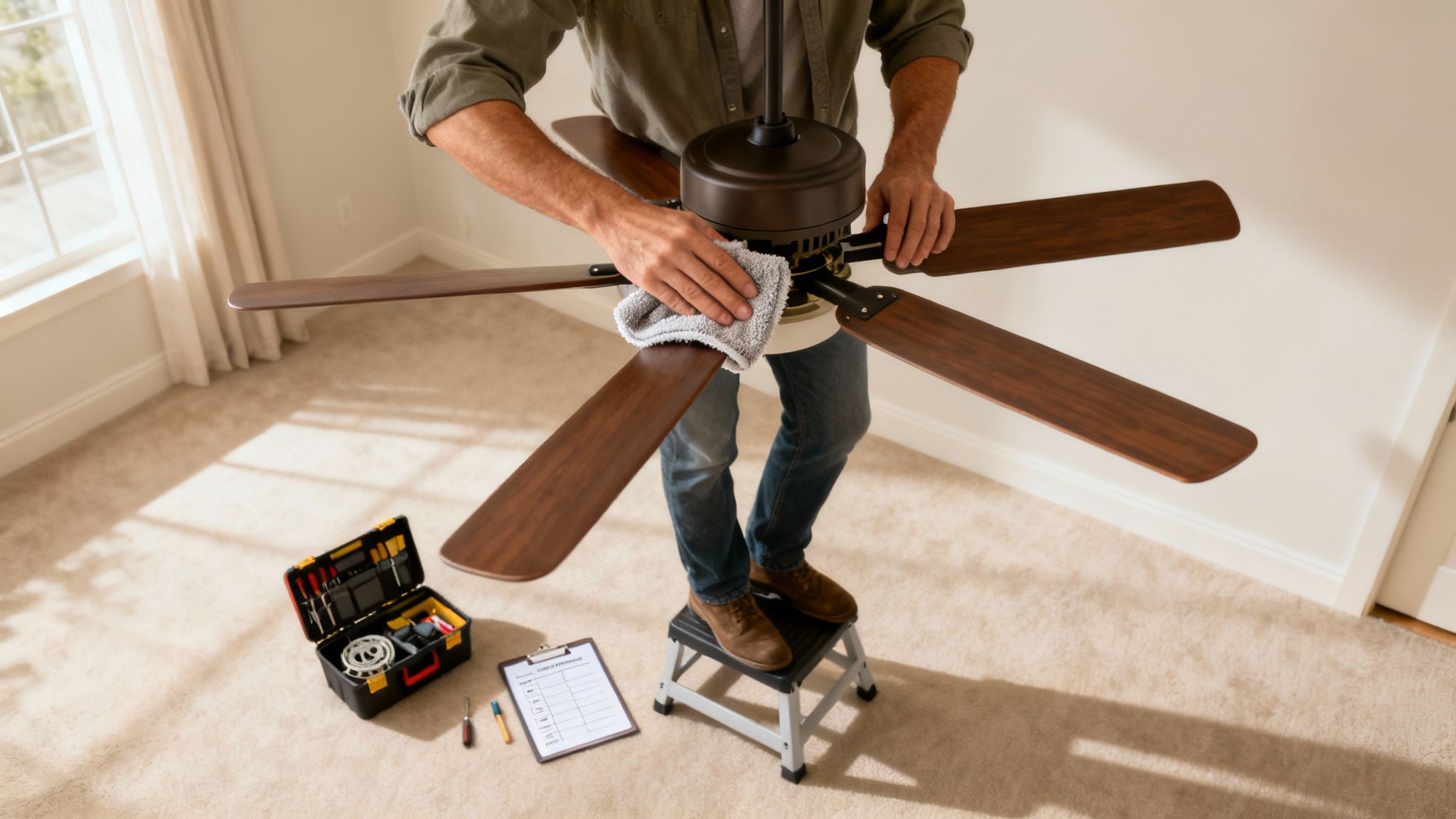 A Person Carefully Cleaning The Blades Of A Modern Ceiling Light And Fan With A Microfibre Cloth.