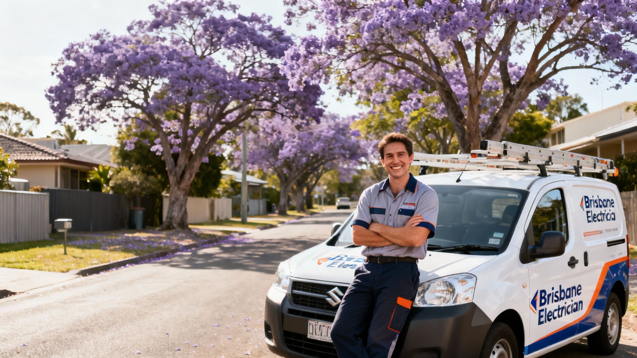 Smiling Electrician In Uniform Leaning On A Service Van With 'Brisbane Electrician' Logo, Under Purple Jacaranda Trees.