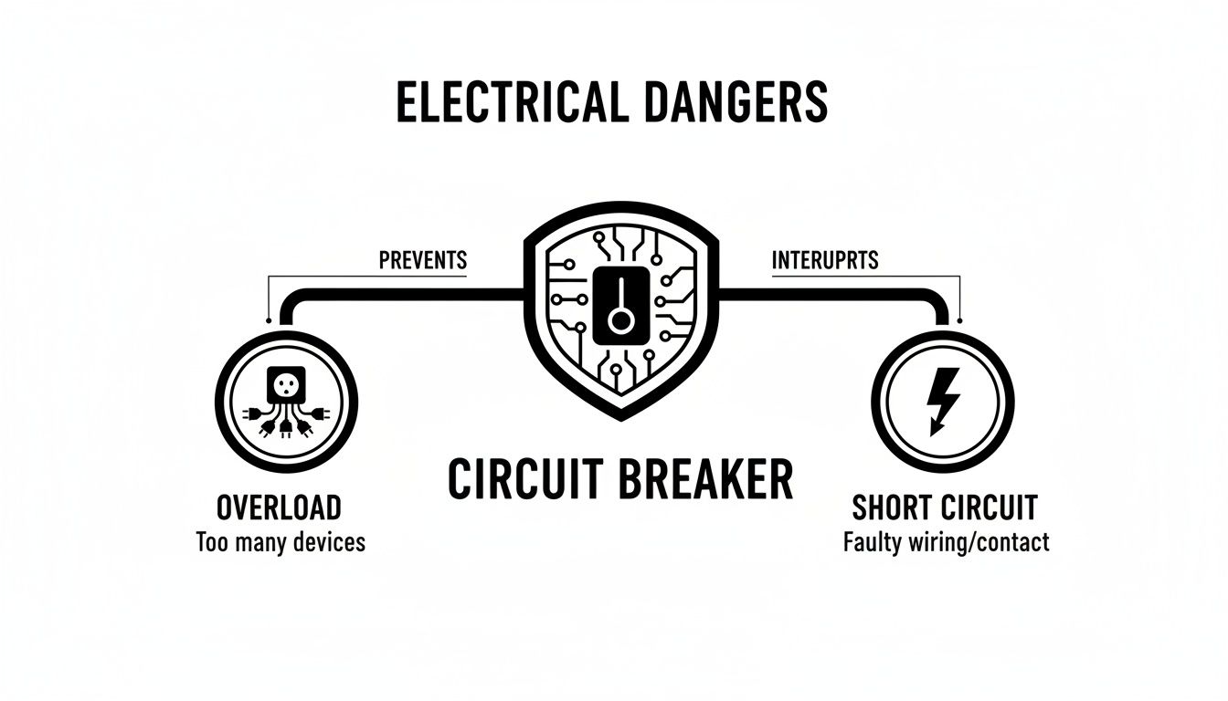Infographic Explaining Common Electrical Dangers Like Overload And Short Circuits, And How A Circuit Breaker Prevents Them.