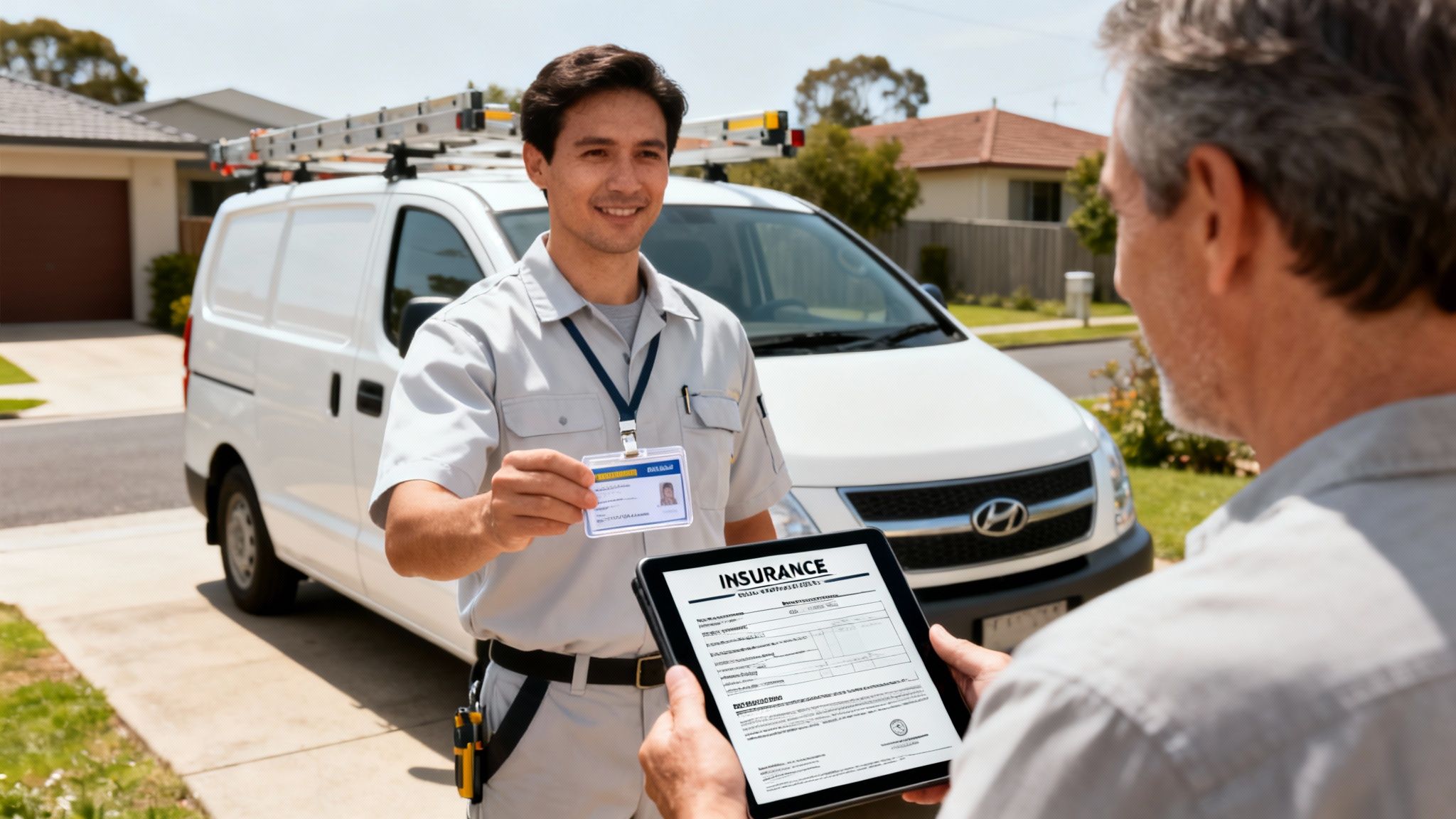 A Friendly Electrician Shows His Id Badge To A Customer Holding An Insurance Form On A Tablet.