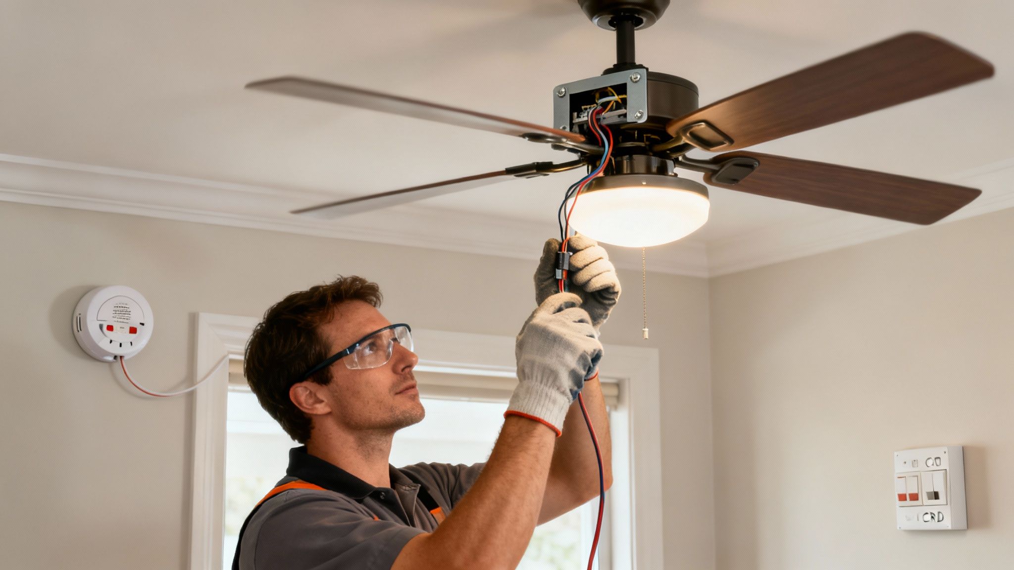 Man In Safety Glasses And Gloves Wiring A Ceiling Fan With A Light.