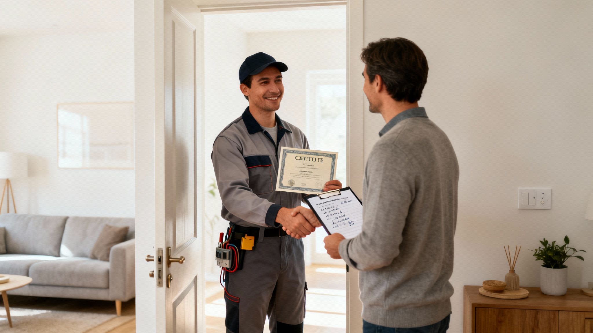 Smiling Technician And Customer Shaking Hands After A Completed Electrical Service.