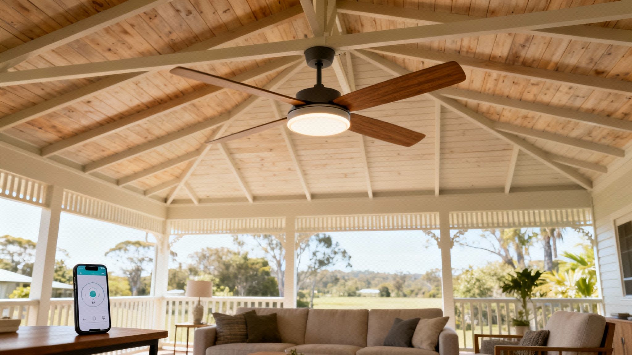 Modern Ceiling Fan With Light On A Wooden Patio Ceiling, Controlled By A Smartphone App.