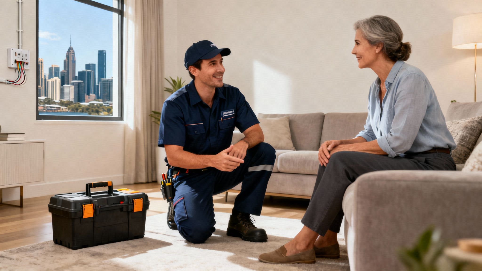 An Electrician Kneels, Discussing With A Woman On A Couch In A Modern Living Room With A City View.