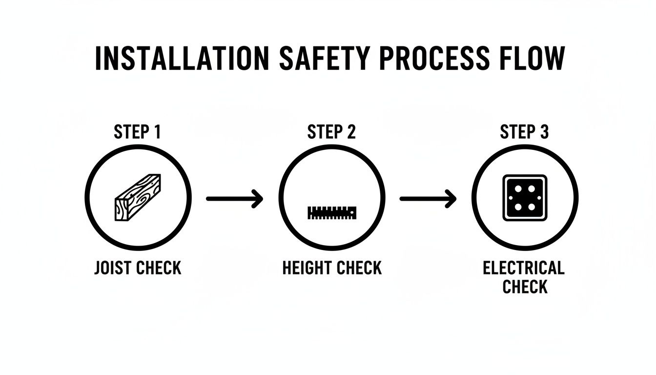 Flowchart Showing Installation Safety Process With Three Steps: Joist, Height, And Electrical Checks.