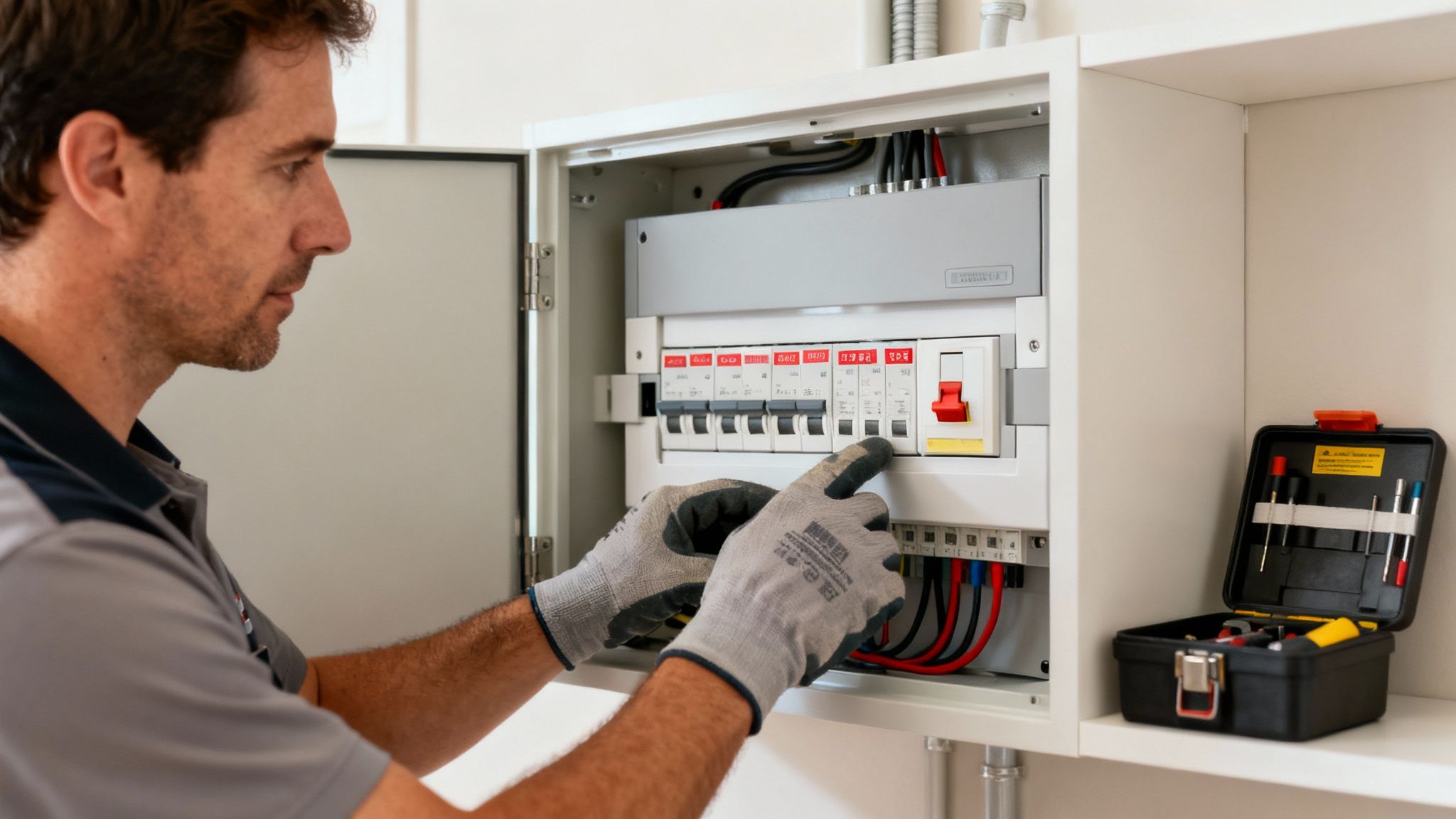 How To Hire A Great Electrician In Brisbane 2 An Electrician In Safety Gloves Is Inspecting And Working On An Electrical Fuse Box.
