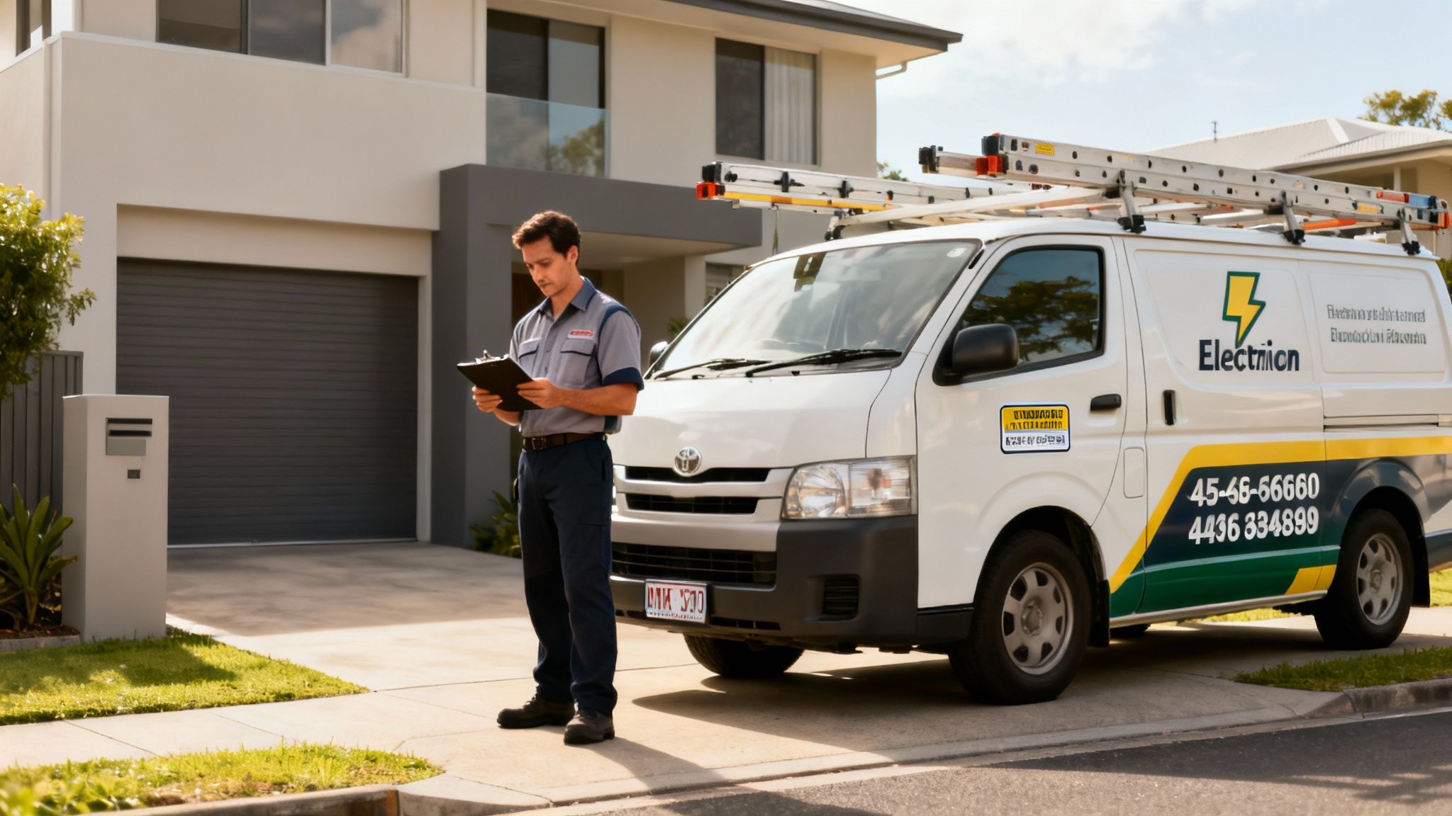 An Electrician In Uniform Reviews Notes On A Clipboard Next To A Service Van Outside A Modern House.