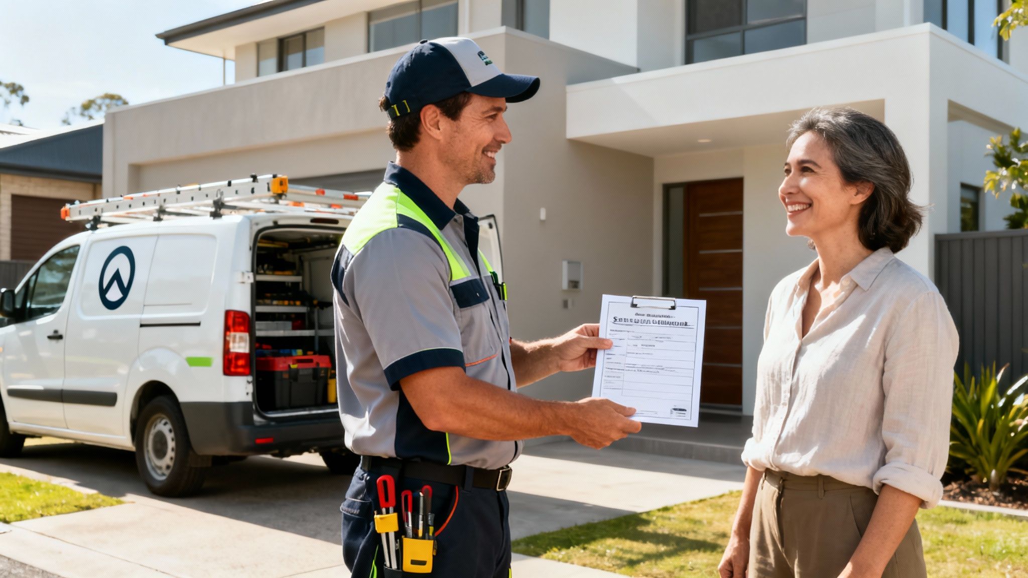A Smiling Electrician In Uniform Shows A Document To A Woman Outside A Modern House With A Service Van.
