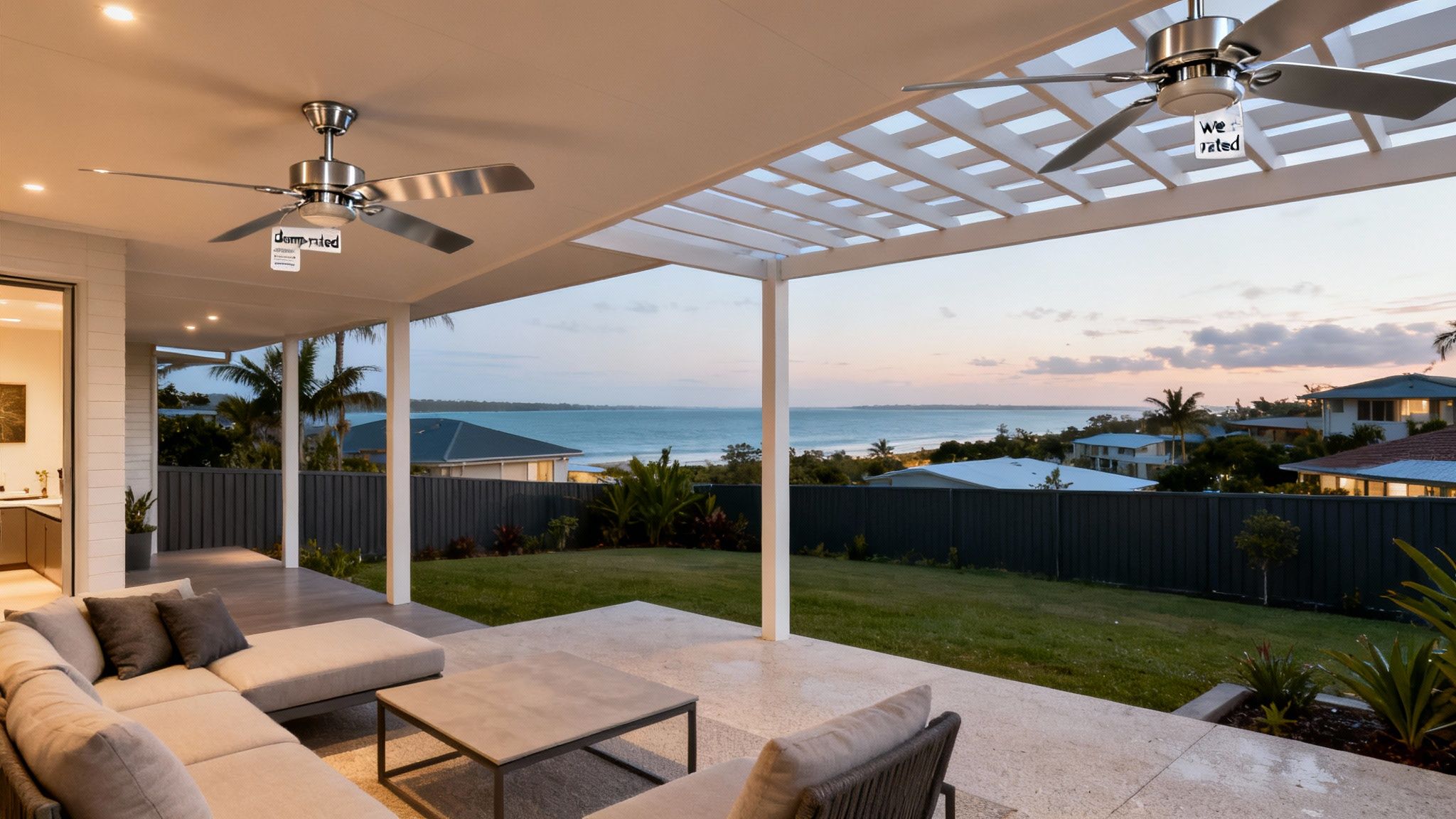 Modern Outdoor Patio With Damp-Rated And Wet-Rated Ceiling Fans, Ocean View At Dusk.