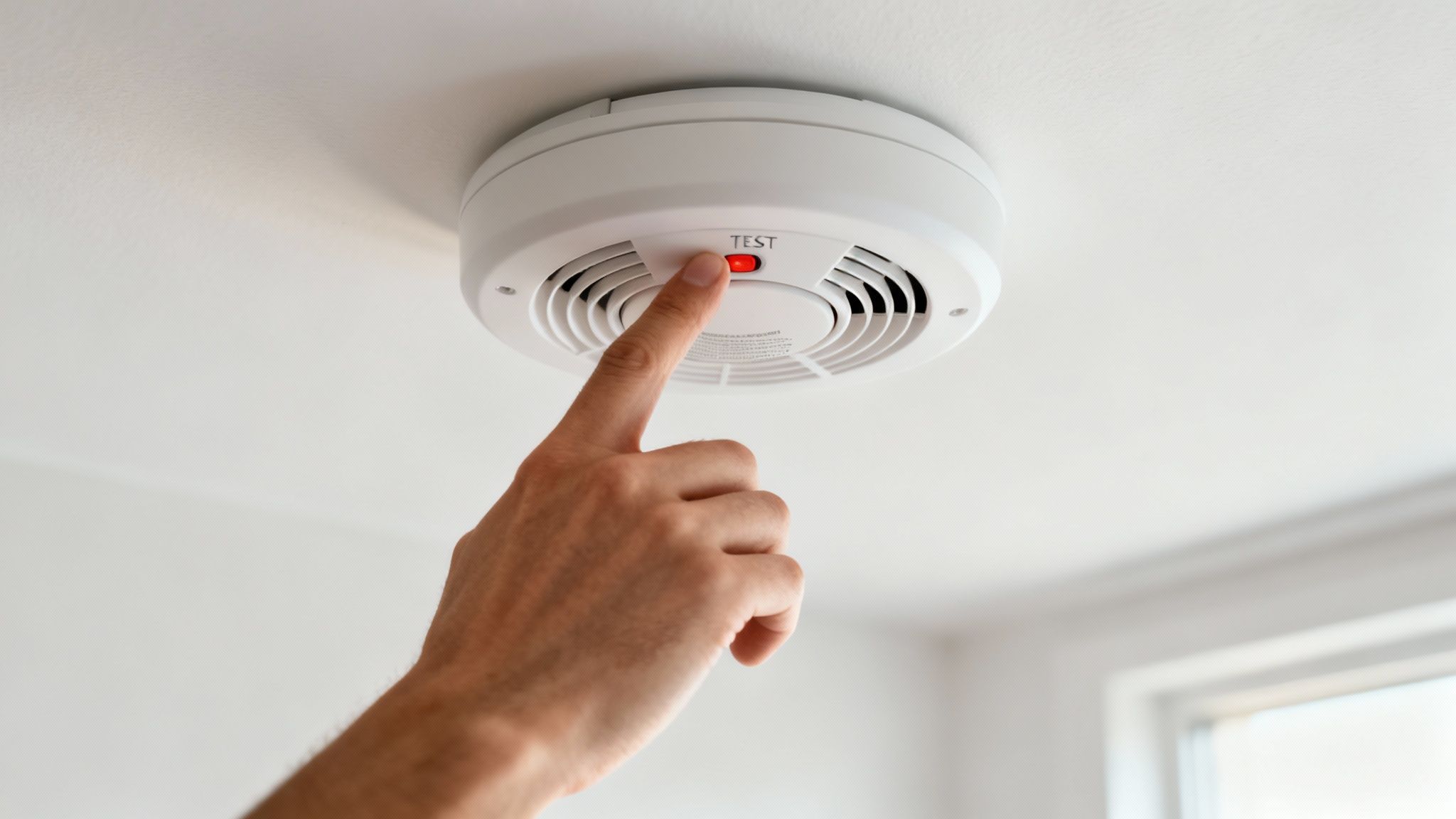 A Person On A Stepladder Installing A Wireless Smoke Alarm On A Ceiling.